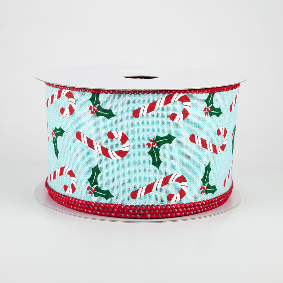 2.5" Candy Canes & Holly Ribbon: Ice Blue (10 Yards)