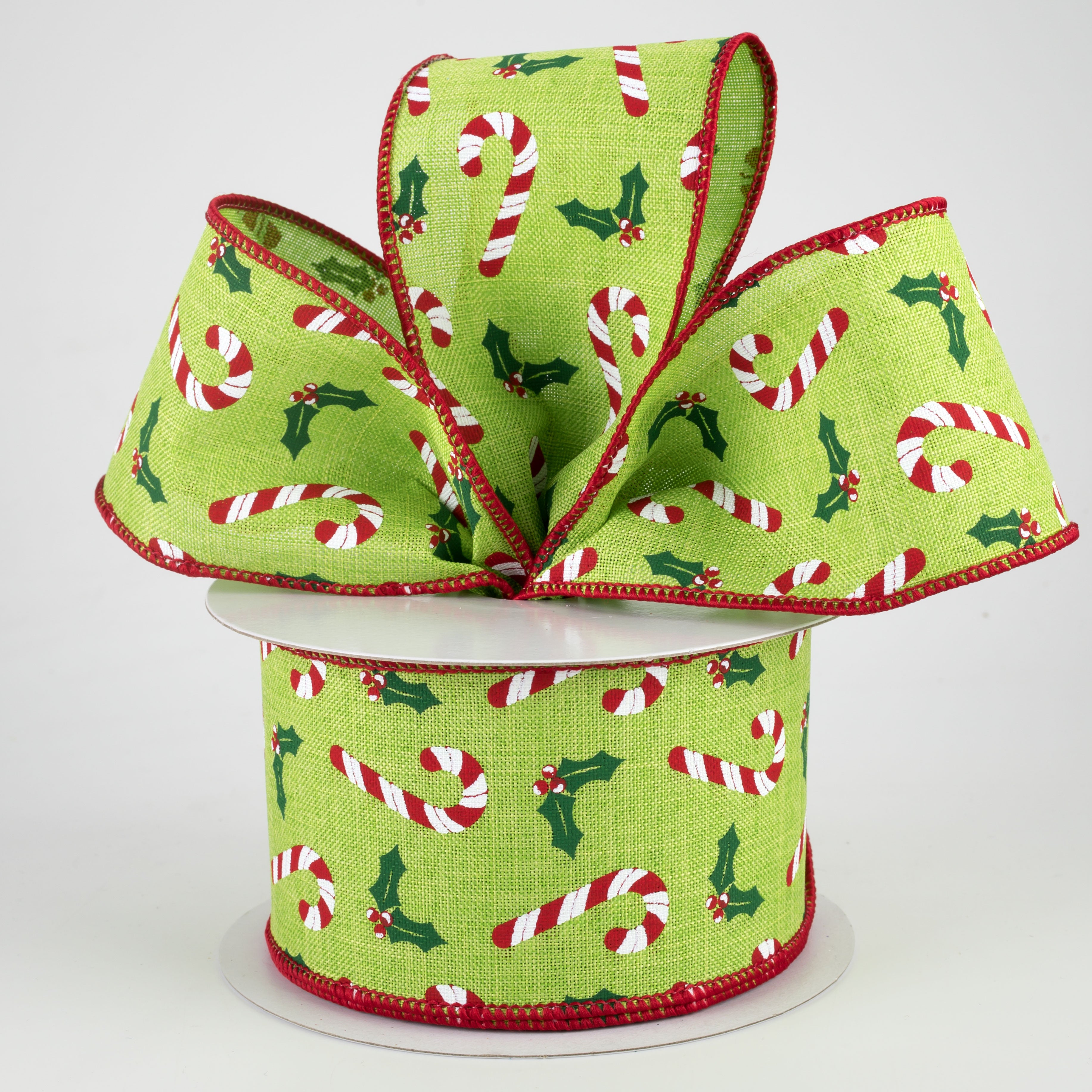 2.5" Candy Canes & Holly Ribbon: Lime (10 Yards) Lifestyle Photo