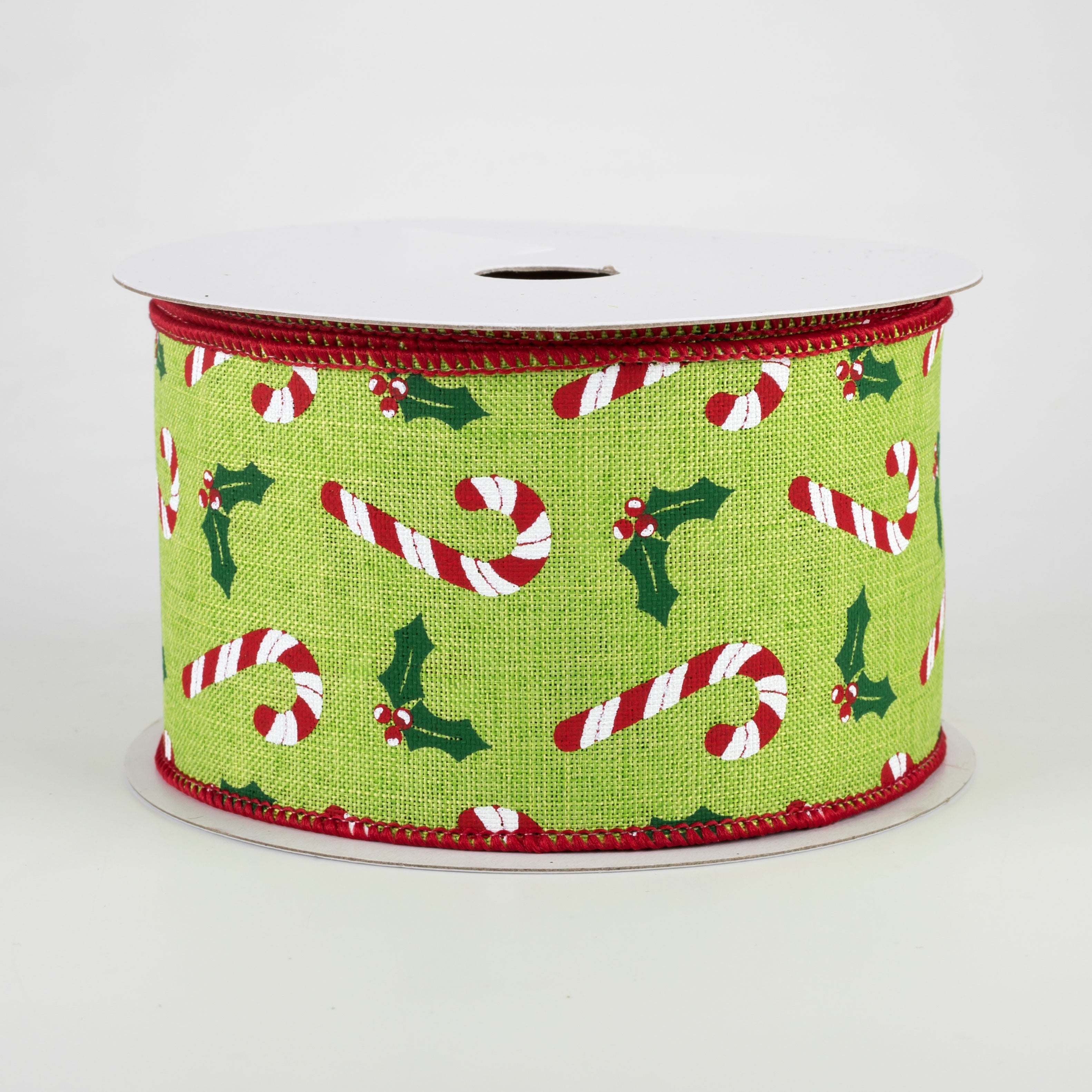 2.5" Candy Canes & Holly Ribbon: Lime (10 Yards)