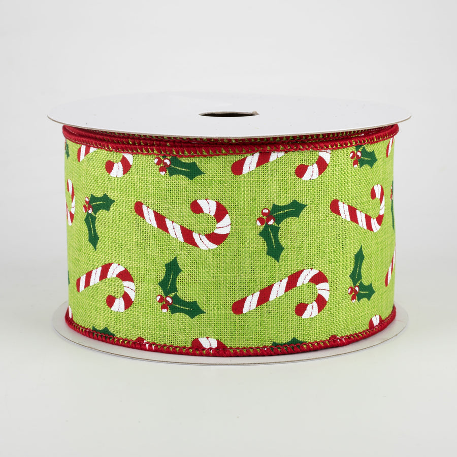2.5" Candy Canes & Holly Ribbon: Lime (10 Yards)