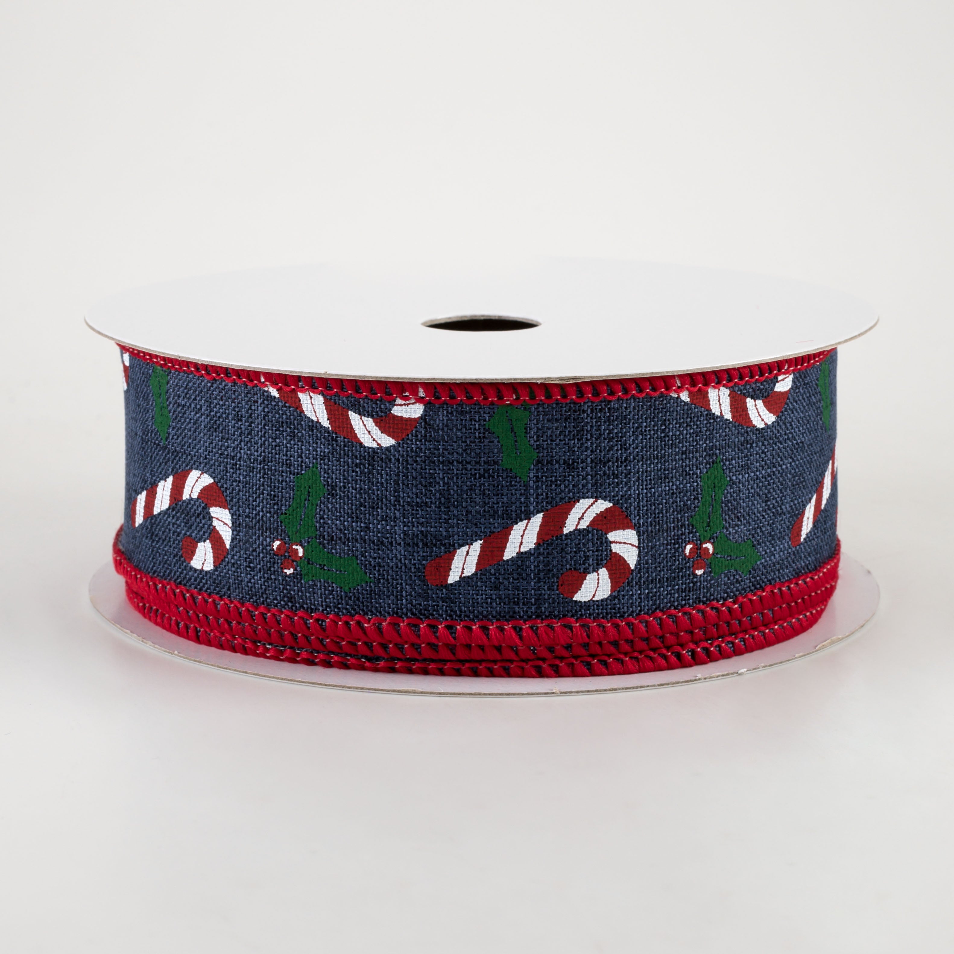 1.5" Candy Canes & Holly Ribbon: Navy (10 Yards)