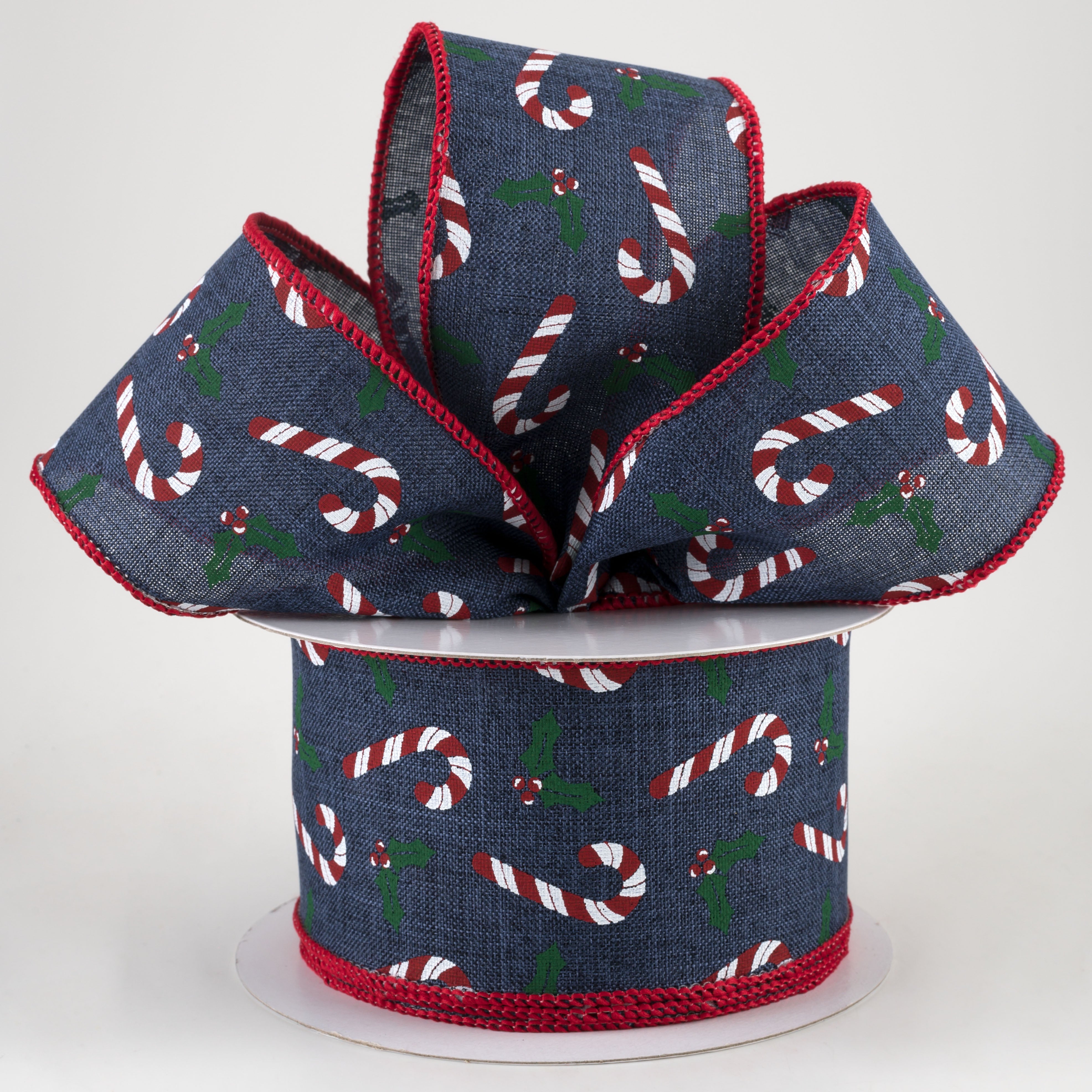 2.5" Candy Canes & Holly Ribbon: Navy (10 Yards) Lifestyle Photo