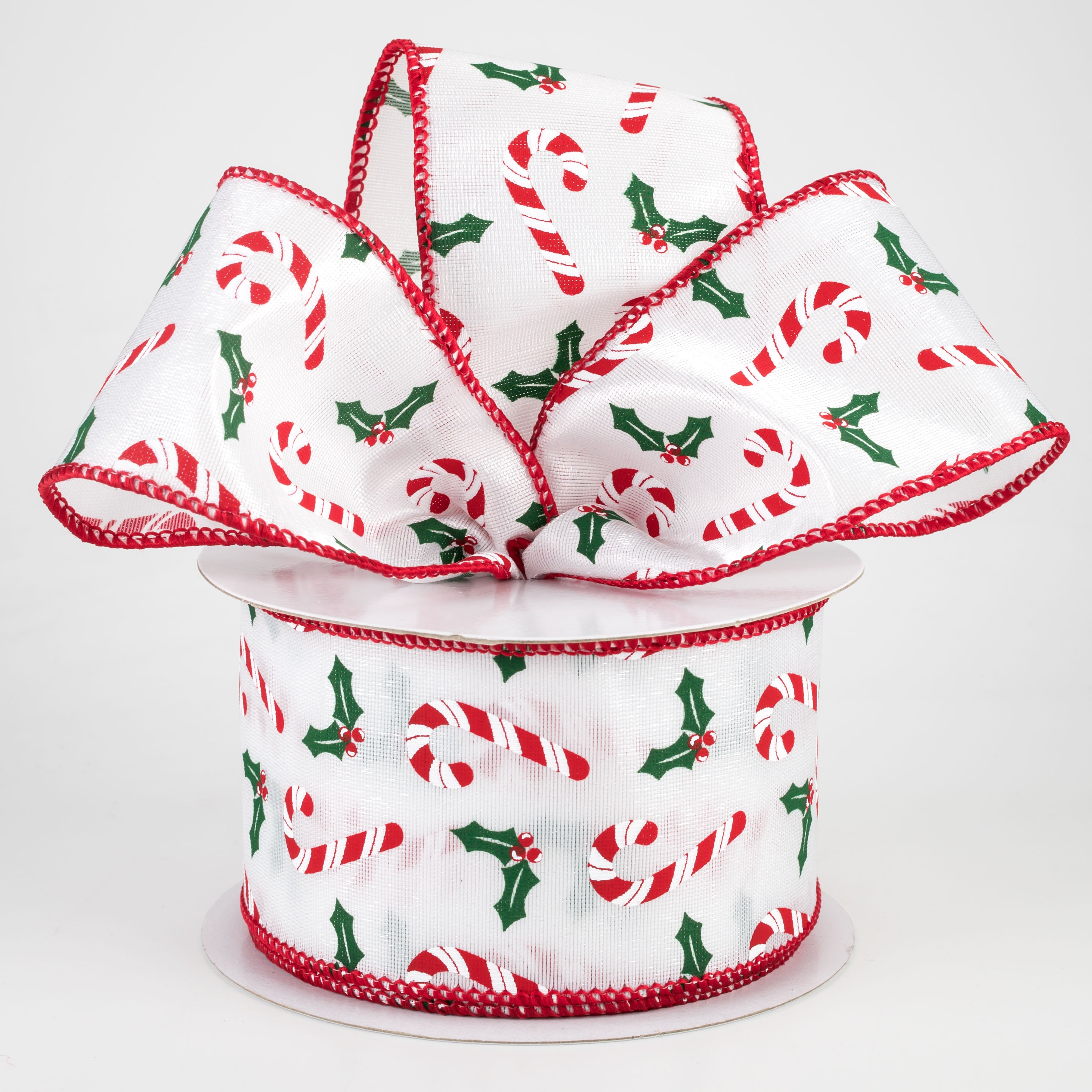 2.5" Candy Canes & Holly Ribbon: White Satin (10 Yards) Lifestyle Photo