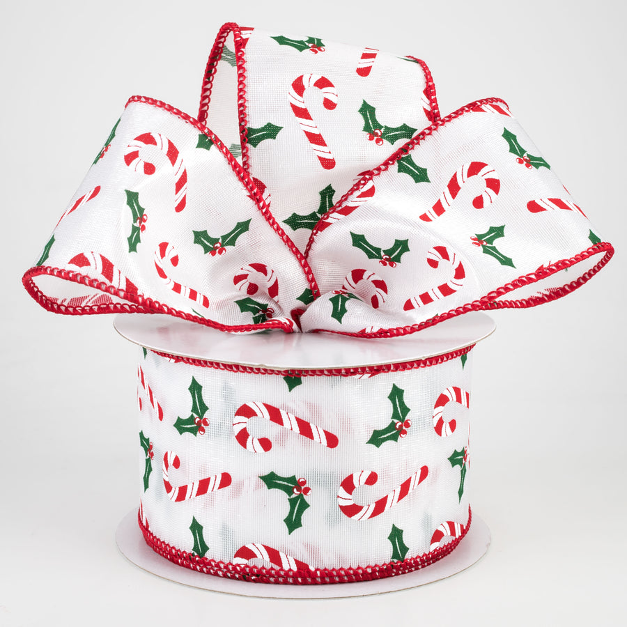 2.5" Candy Canes & Holly Ribbon: White Satin (10 Yards) Lifestyle Photo