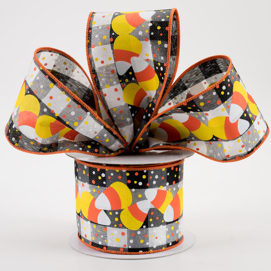 2.5" Candy Corn, Dots, Check Ribbon: Black, White, Orange, Yellow (10 Yards) Lifestyle Photo