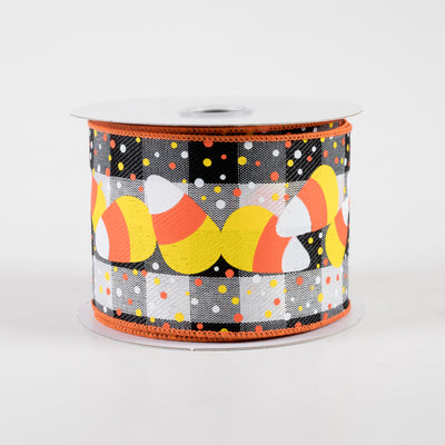 2.5" Candy Corn, Dots, Check Ribbon: Black, White, Orange, Yellow (10 Yards)