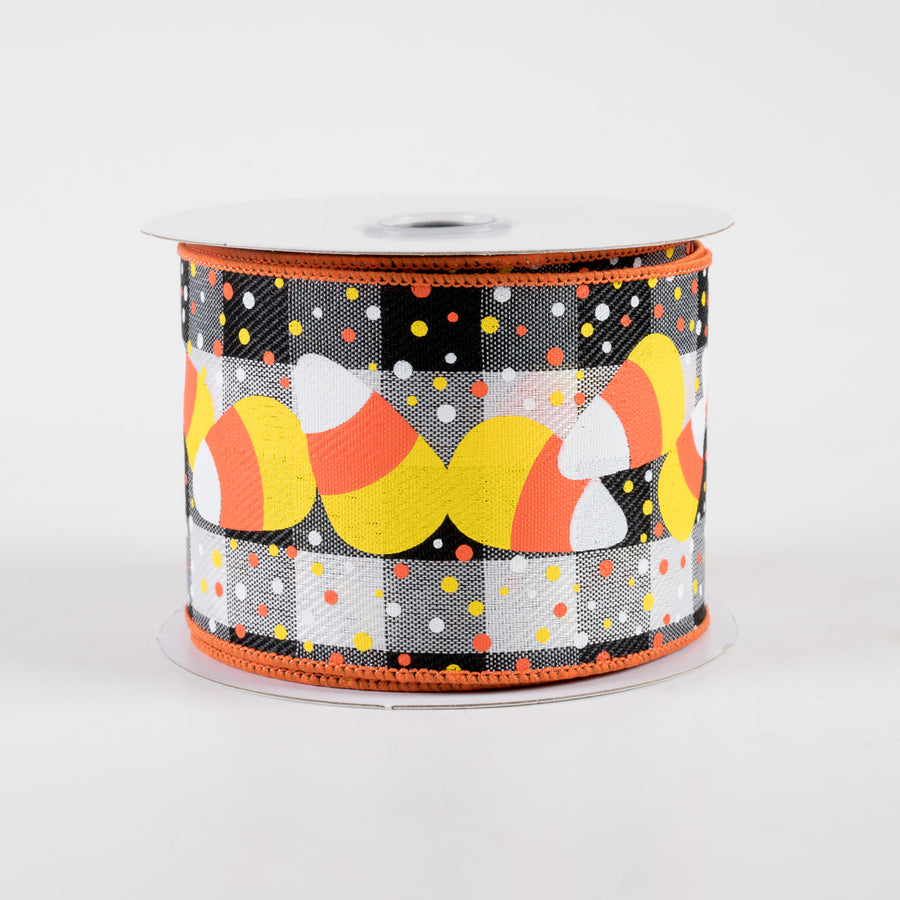 2.5" Candy Corn, Dots, Check Ribbon: Black, White, Orange, Yellow (10 Yards)