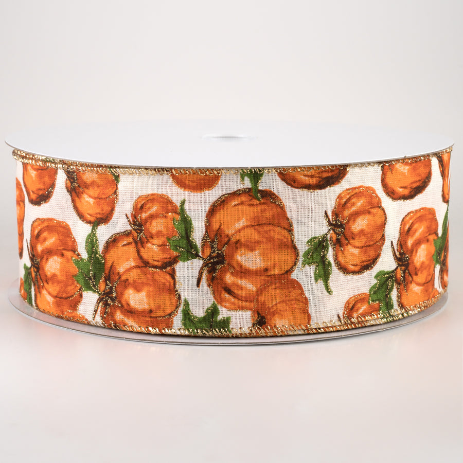 2.5" Canvas Glittered Watercolor Pumpkins Ribbon: Ivory (50 Yards)