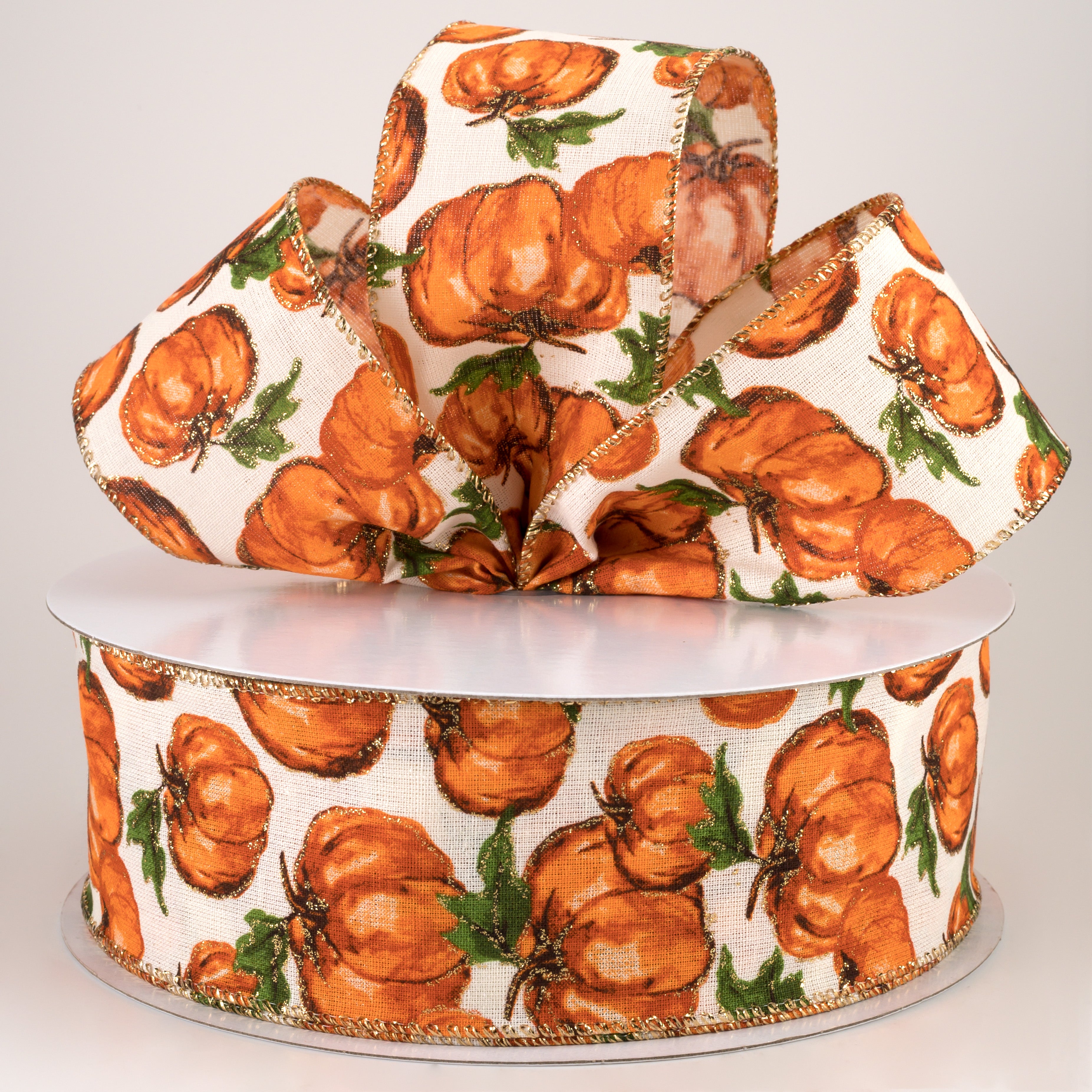 2.5" Canvas Glittered Watercolor Pumpkins Ribbon: Ivory (50 Yards) Lifestyle Photo