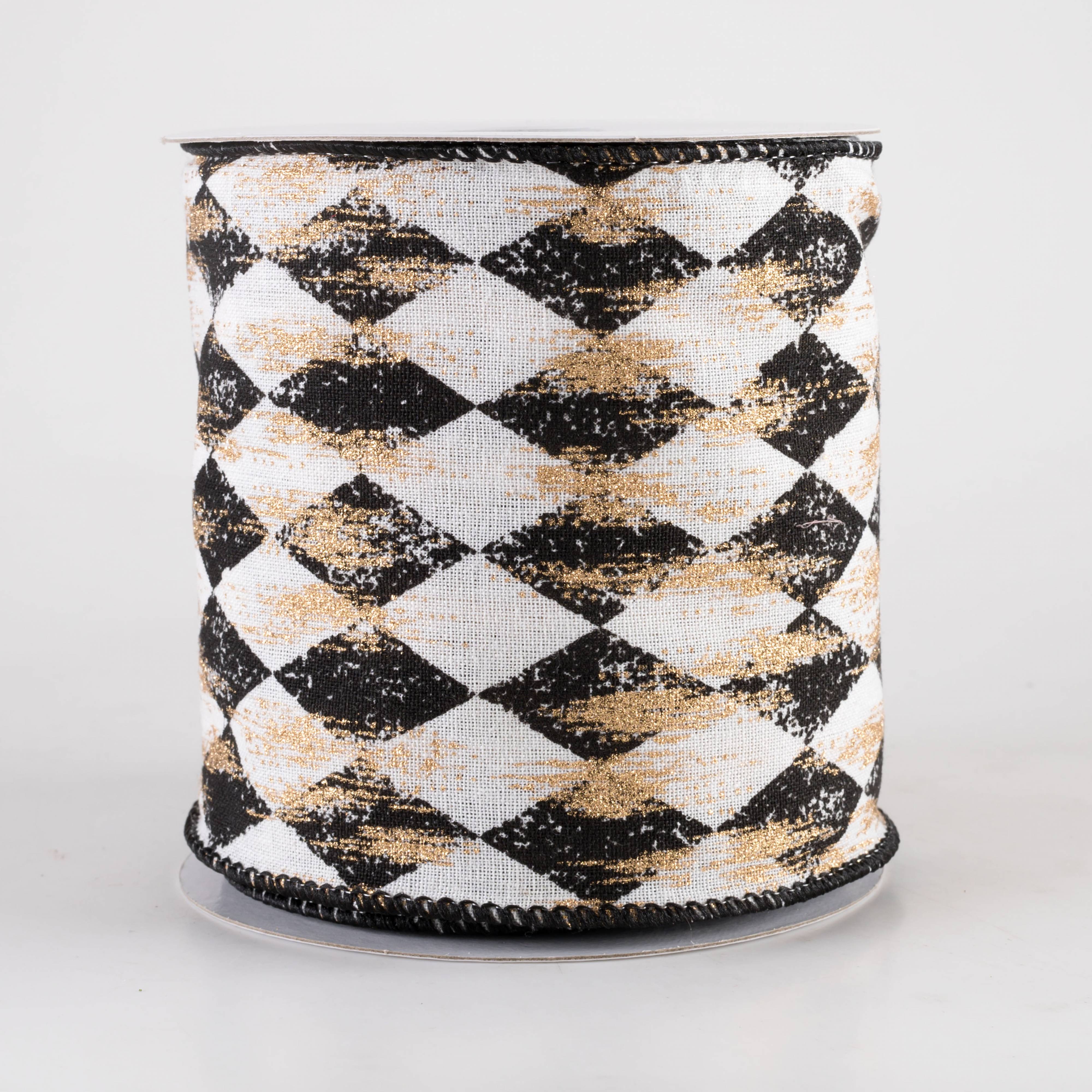 4" Canvas Harlequin Gold Painted Ribbon: Cream & Black (10 Yards) Item Number: 72437-04-20
