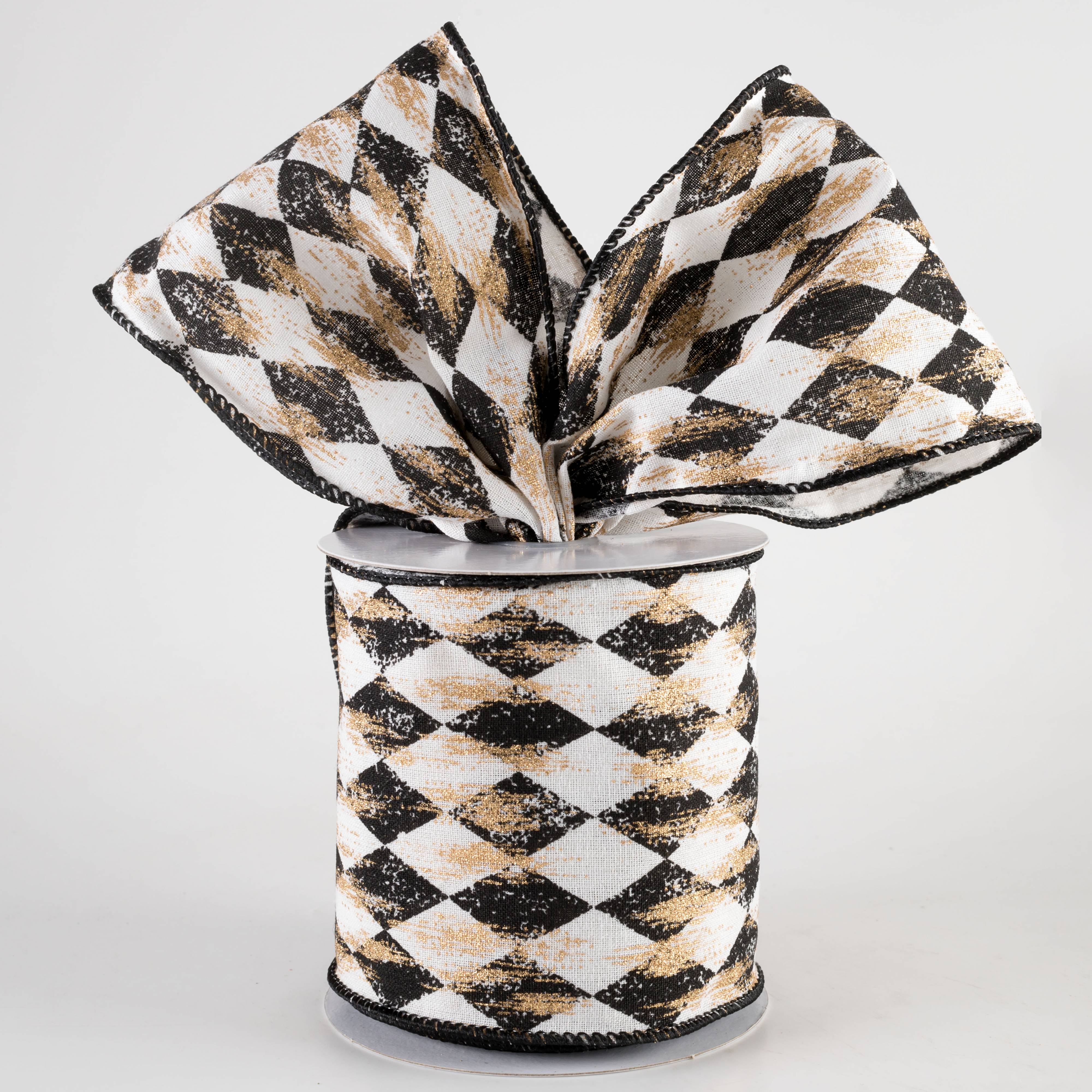 4" Canvas Harlequin Gold Painted Ribbon: Cream & Black (10 Yards) Lifestyle Photo
