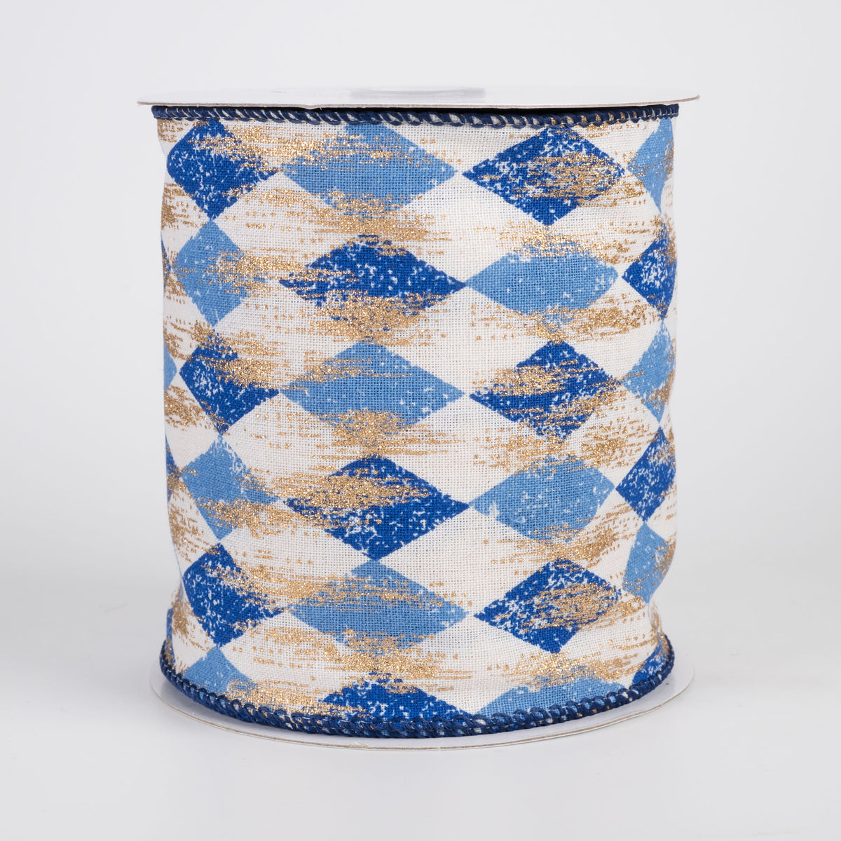 4" Canvas Harlequin Gold Painted Ribbon: Cream, Blue & Navy (10 Yards) Item Number: 73523-04-27