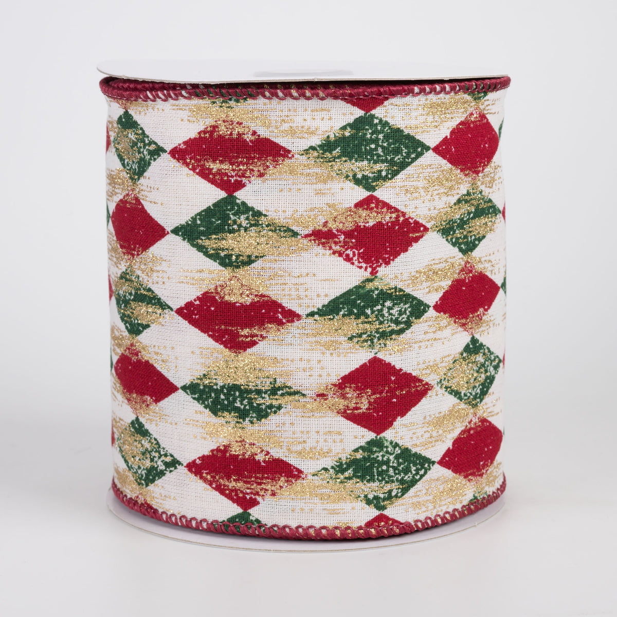 4" Canvas Harlequin Gold Painted Ribbon: Cream, Dark Red & Green (10 Yards) Item Number: 73523-04-17