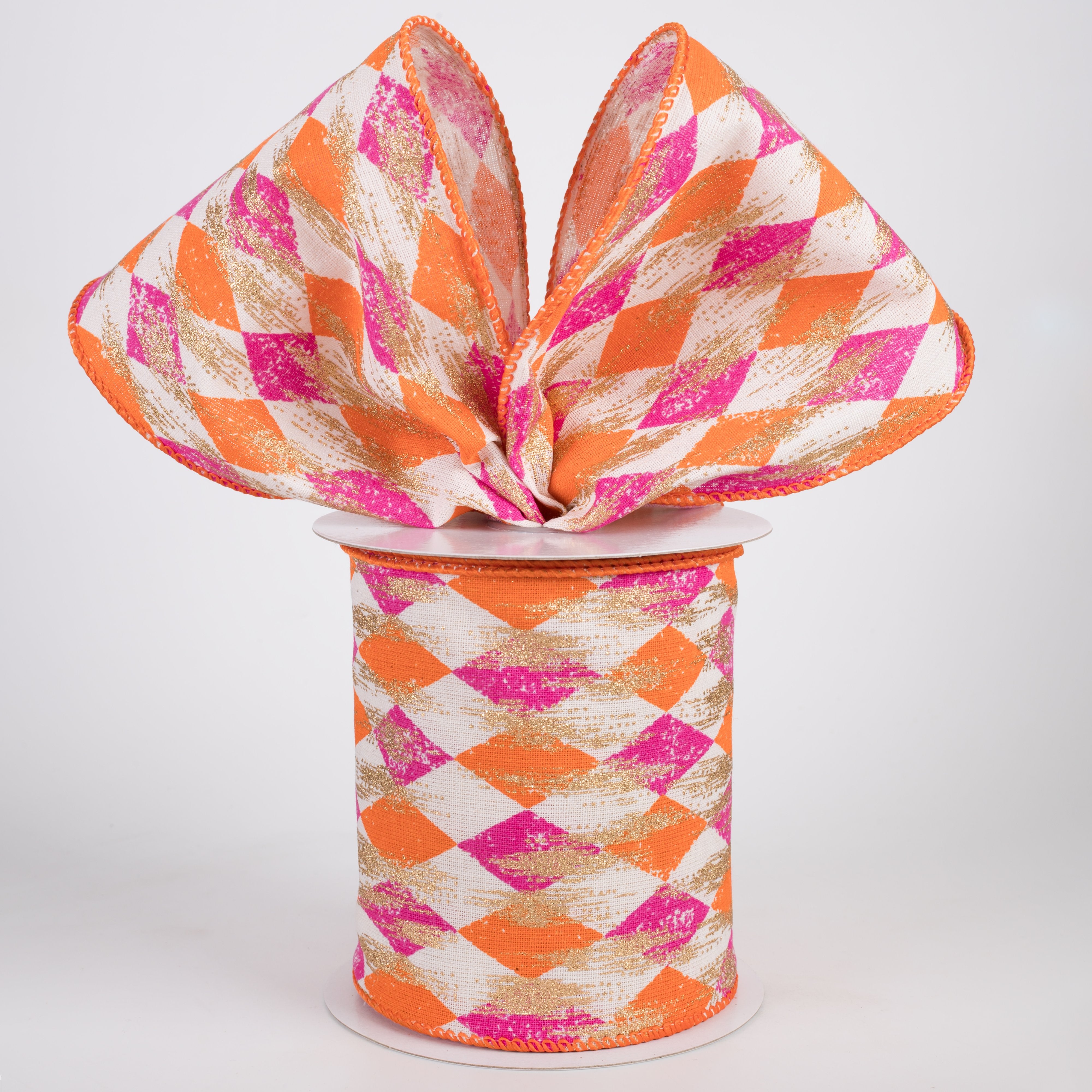 4" Canvas Harlequin Gold Painted Ribbon: Cream, Fuchsia & Orange (10 Yards) Lifestyle Photo