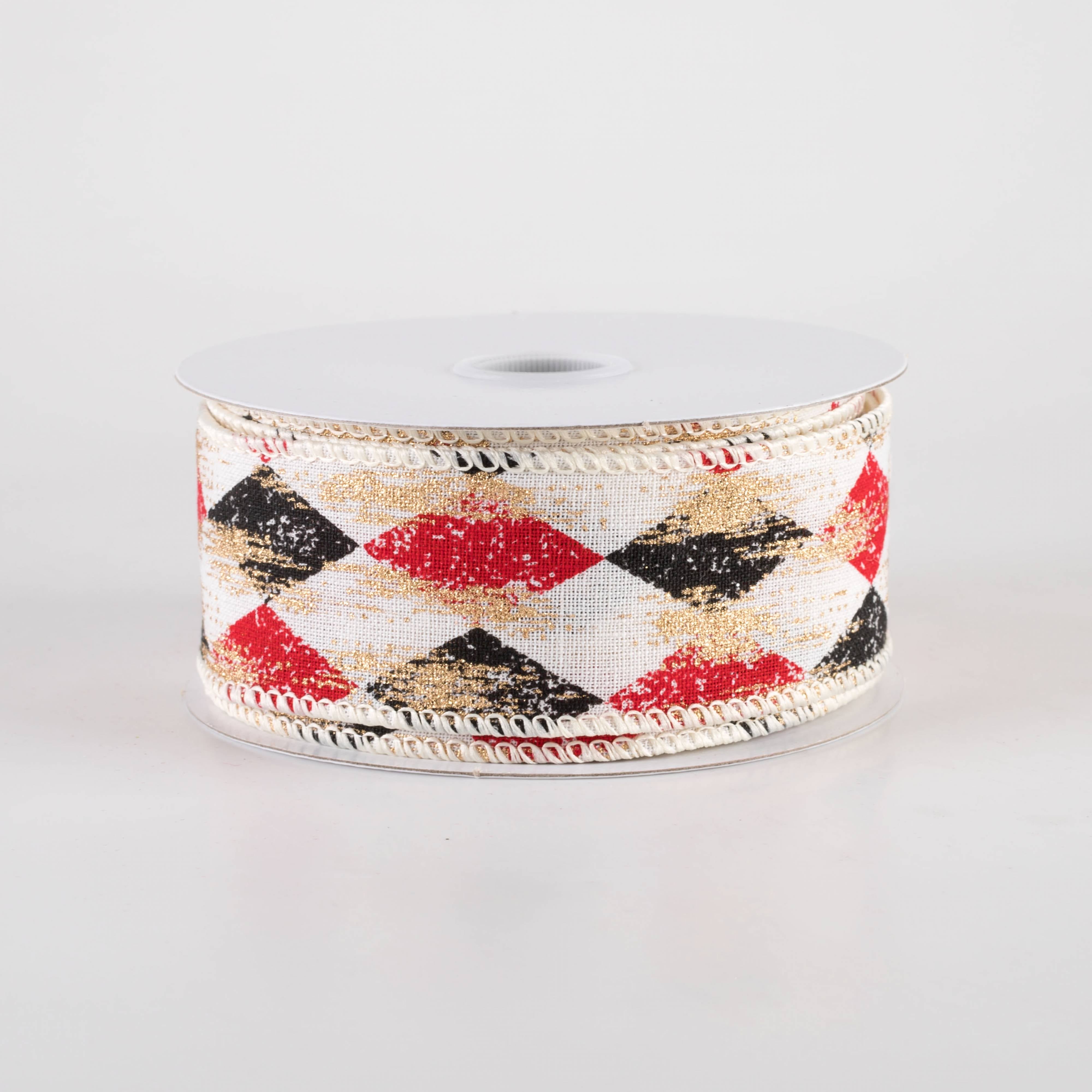 1.5" Canvas Harlequin Gold Painted Ribbon: Cream, Red & Black (10 Yards) Item Number: 72438-09-13