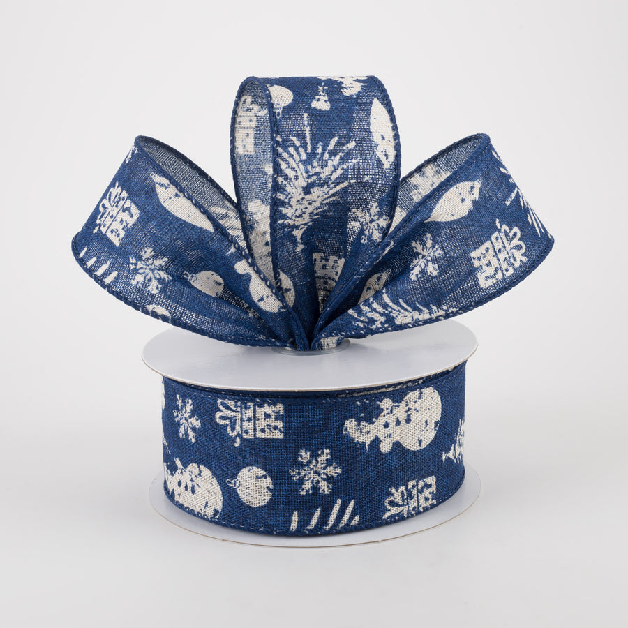 1.5" Canvas Ivory Stamped Christmas Icons Ribbon: Navy (10 Yards) Lifestyle Photo