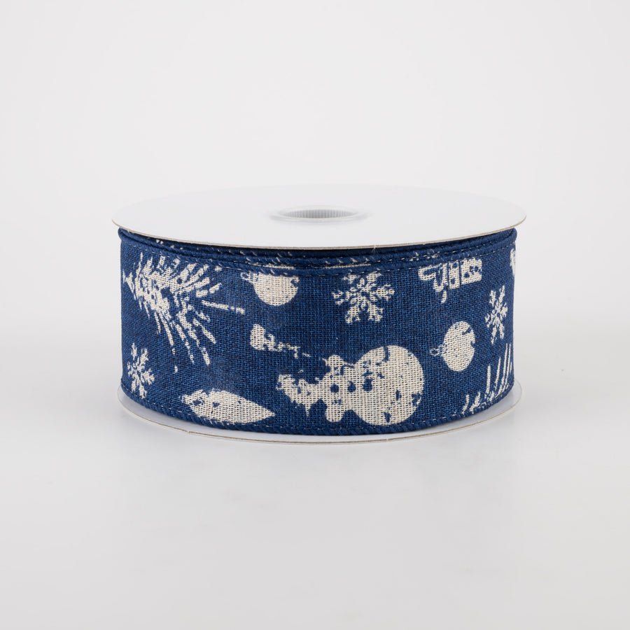 1.5" Canvas Ivory Stamped Christmas Icons Ribbon: Navy (10 Yards)