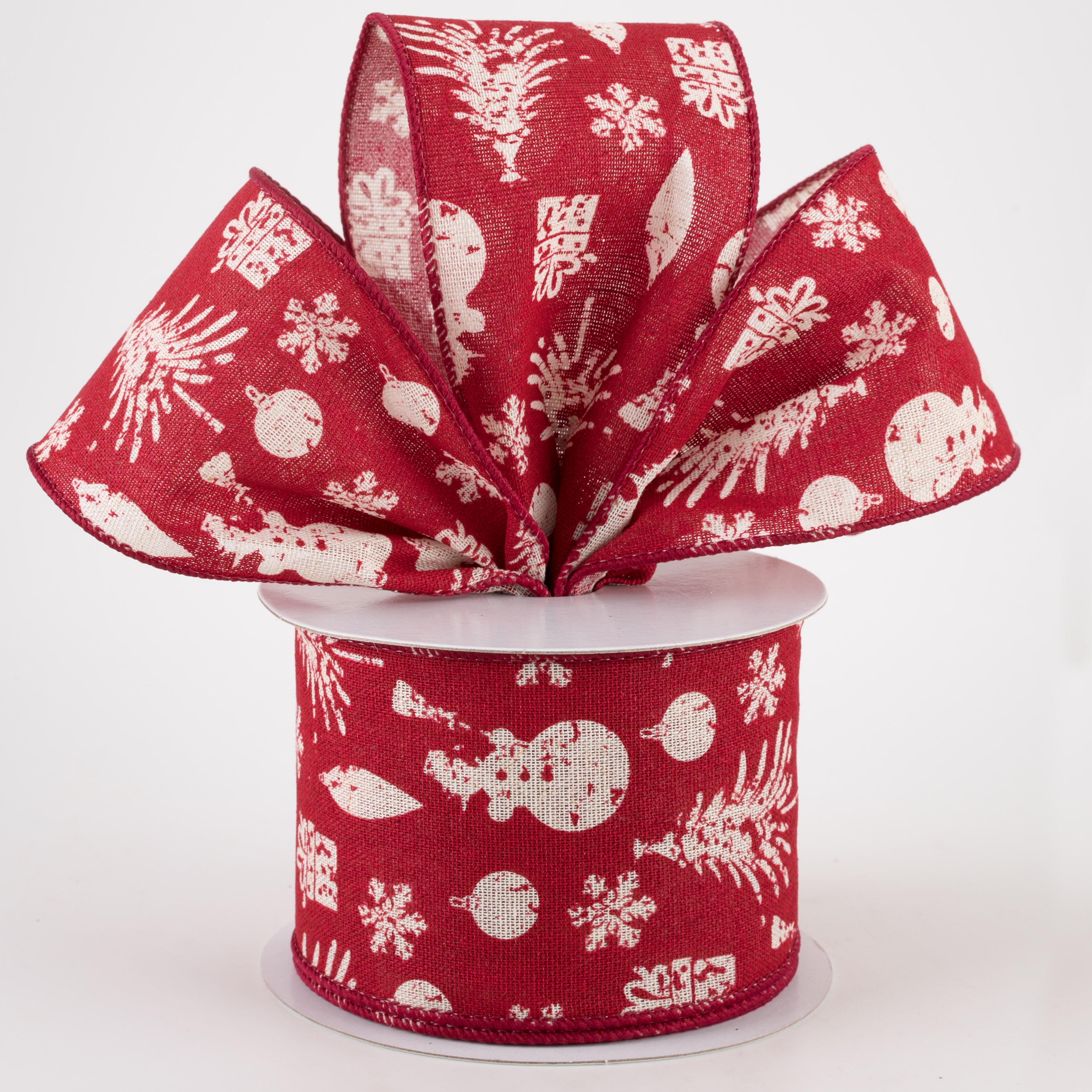 2.5" Canvas Ivory Stamped Christmas Icons Ribbon: Red (10 Yards) Lifestyle Photo