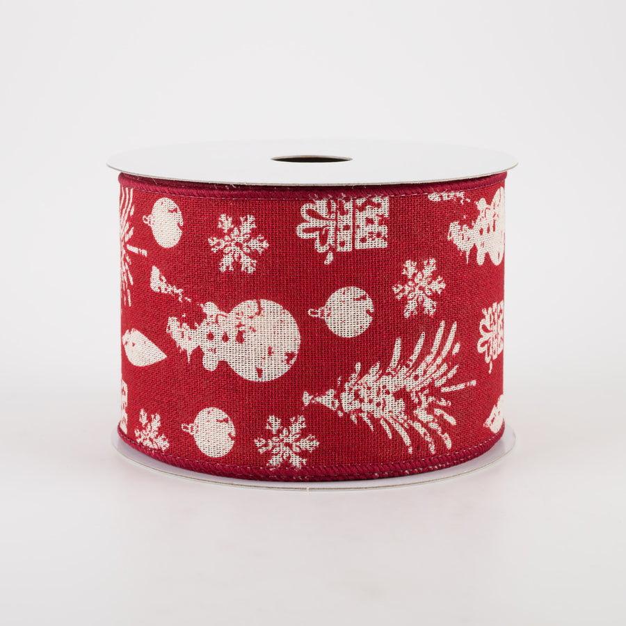 2.5" Canvas Ivory Stamped Christmas Icons Ribbon: Red (10 Yards) Item Number: 71161-40-13