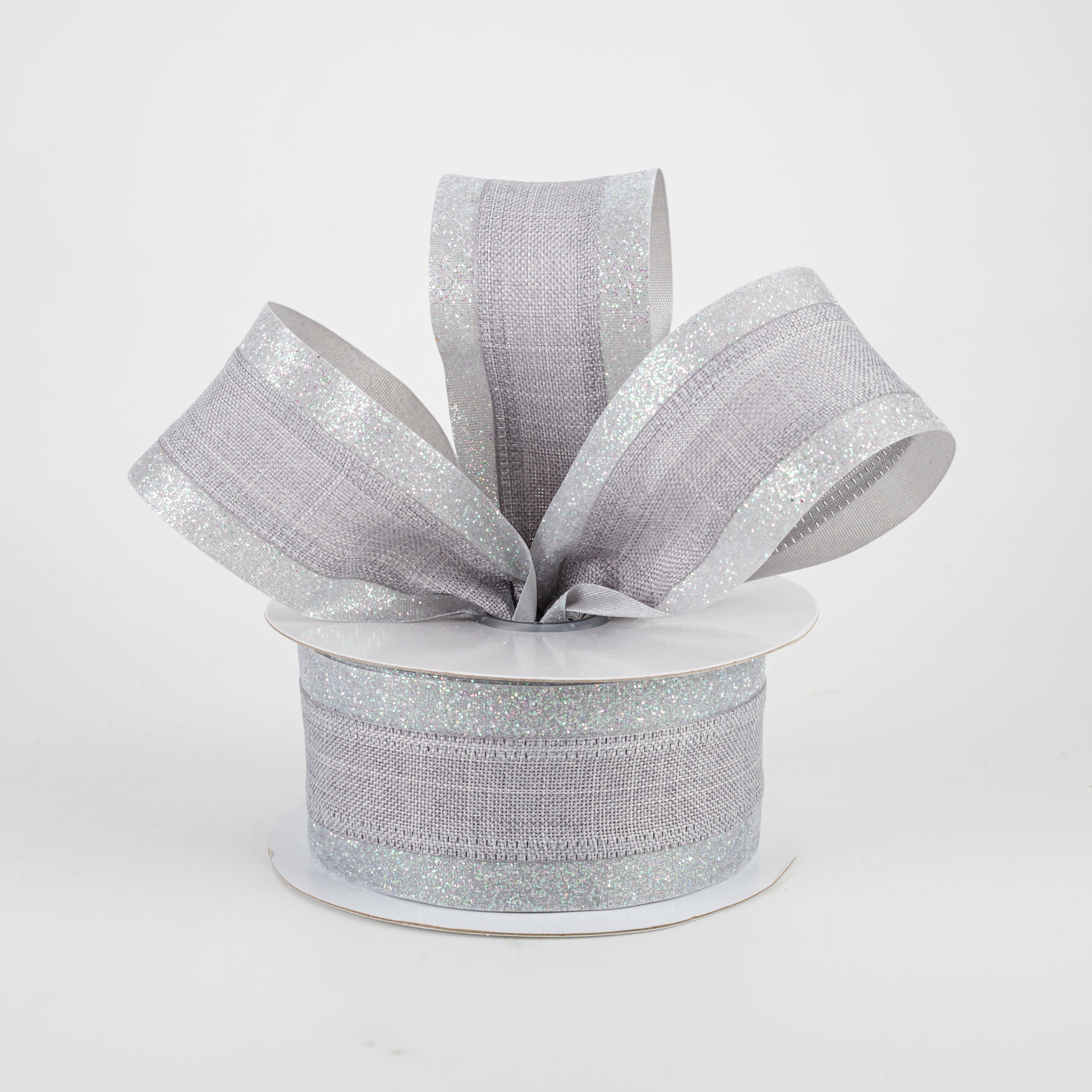 1.5" Canvas On Satin Glitter Ribbon: Light Grey (10 Yards) Lifestyle Photo