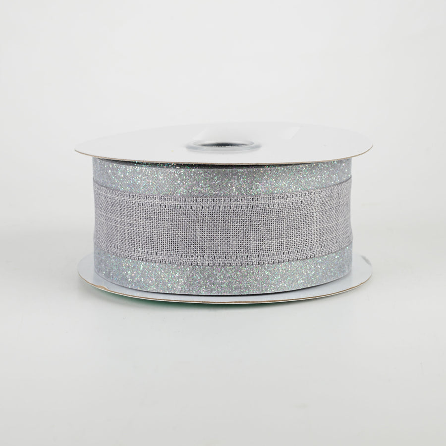 1.5" Canvas On Satin Glitter Ribbon: Light Grey (10 Yards)
