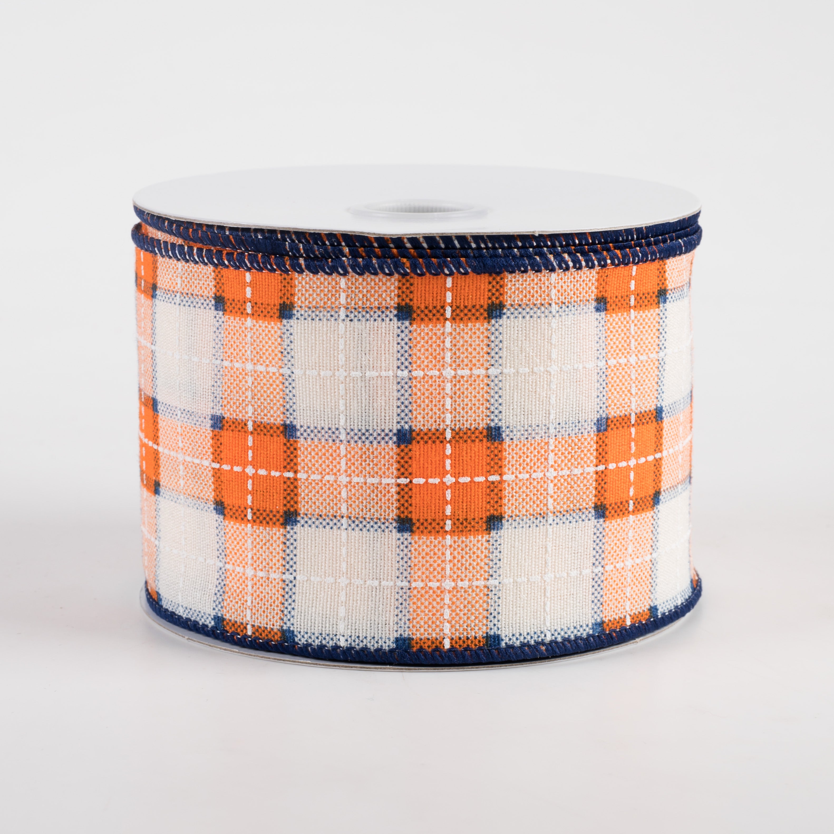 2.5" Canvas Printed Plaid Ribbon: Orange, Navy & White (10 Yards)