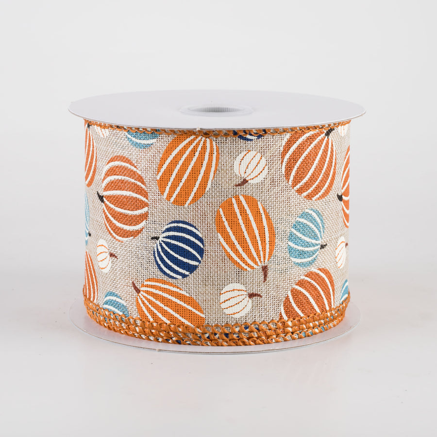 2.5" Canvas Pumpkin Stripes Ribbon: Blues & Oranges (10 Yards) Item Number: 61403-40-27