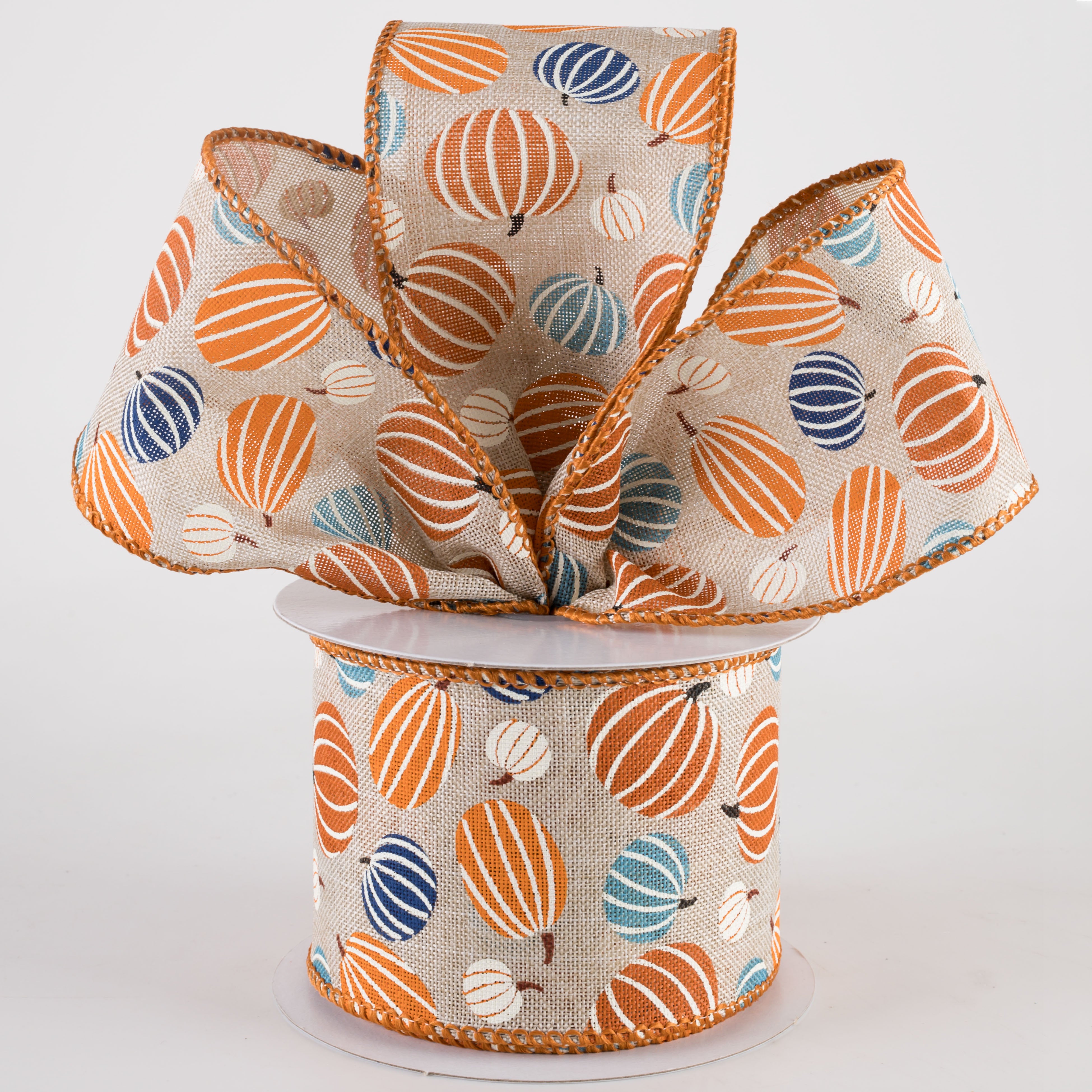 2.5" Canvas Pumpkin Stripes Ribbon: Blues & Oranges (10 Yards) Lifestyle Photo