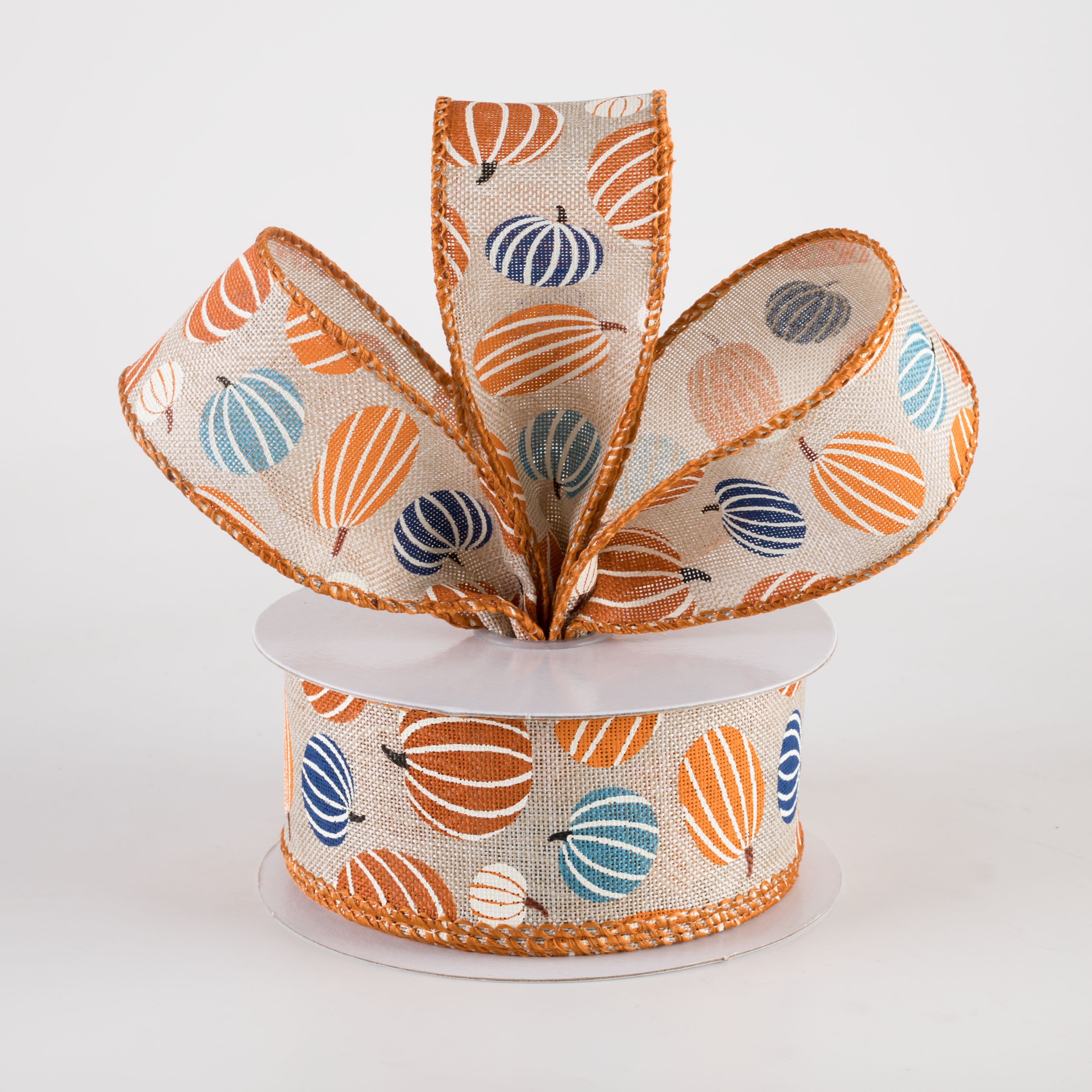 1.5" Canvas Pumpkin Stripes Ribbon: Blues & Oranges (10 Yards) Lifestyle Photo