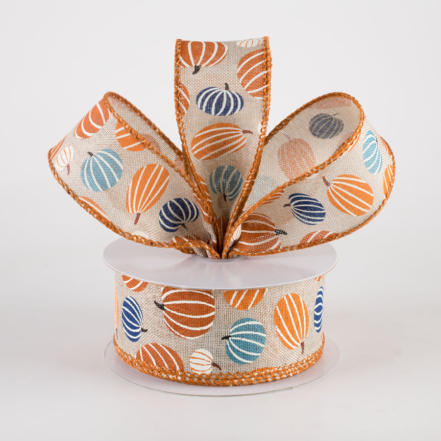 1.5" Canvas Pumpkin Stripes Ribbon: Blues & Oranges (10 Yards) Lifestyle Photo
