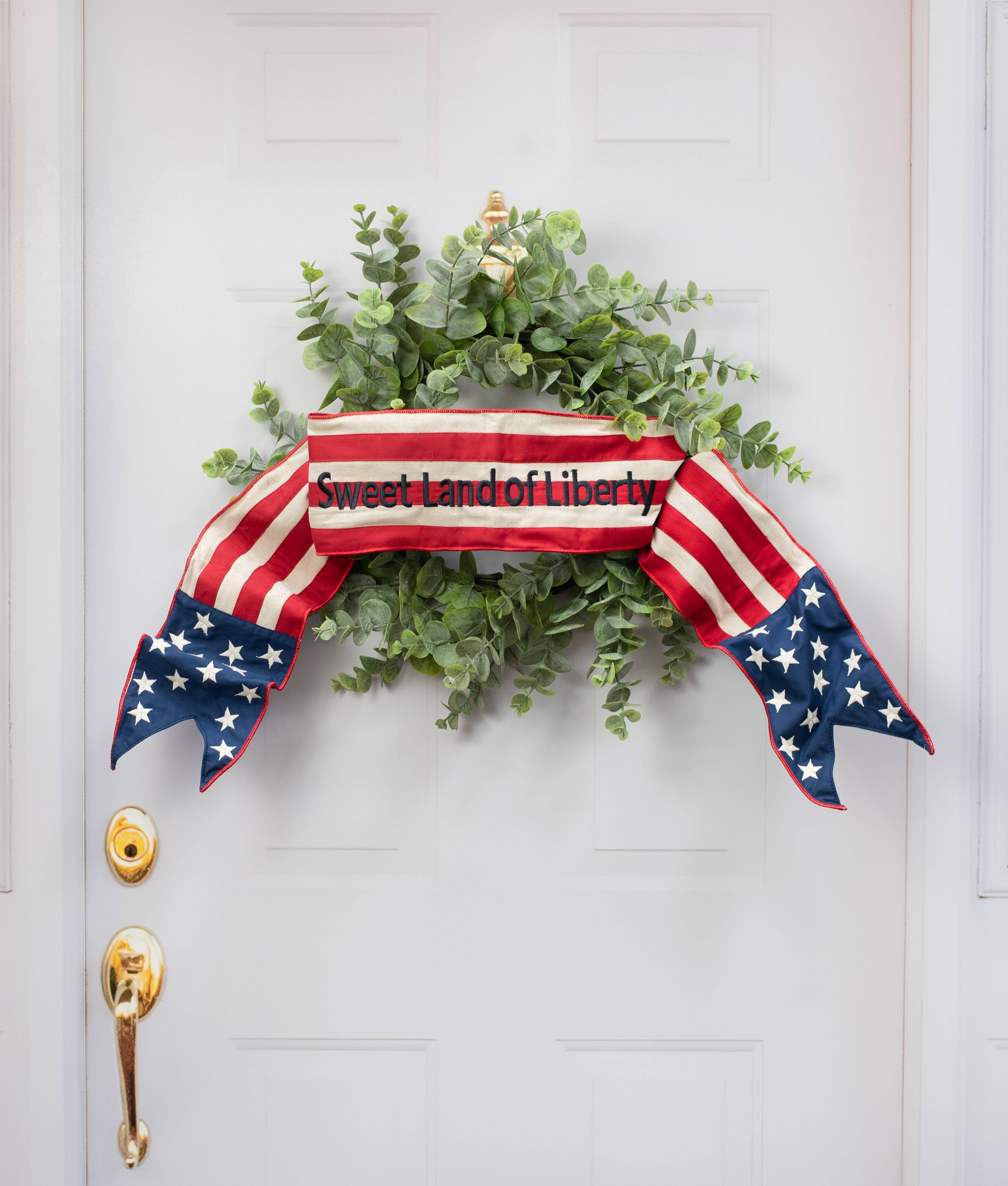 [D Stevens] 6" Canvas Stars and Stripes "Sweet Land of Liberty" Wreath Sash Lifestyle Photo