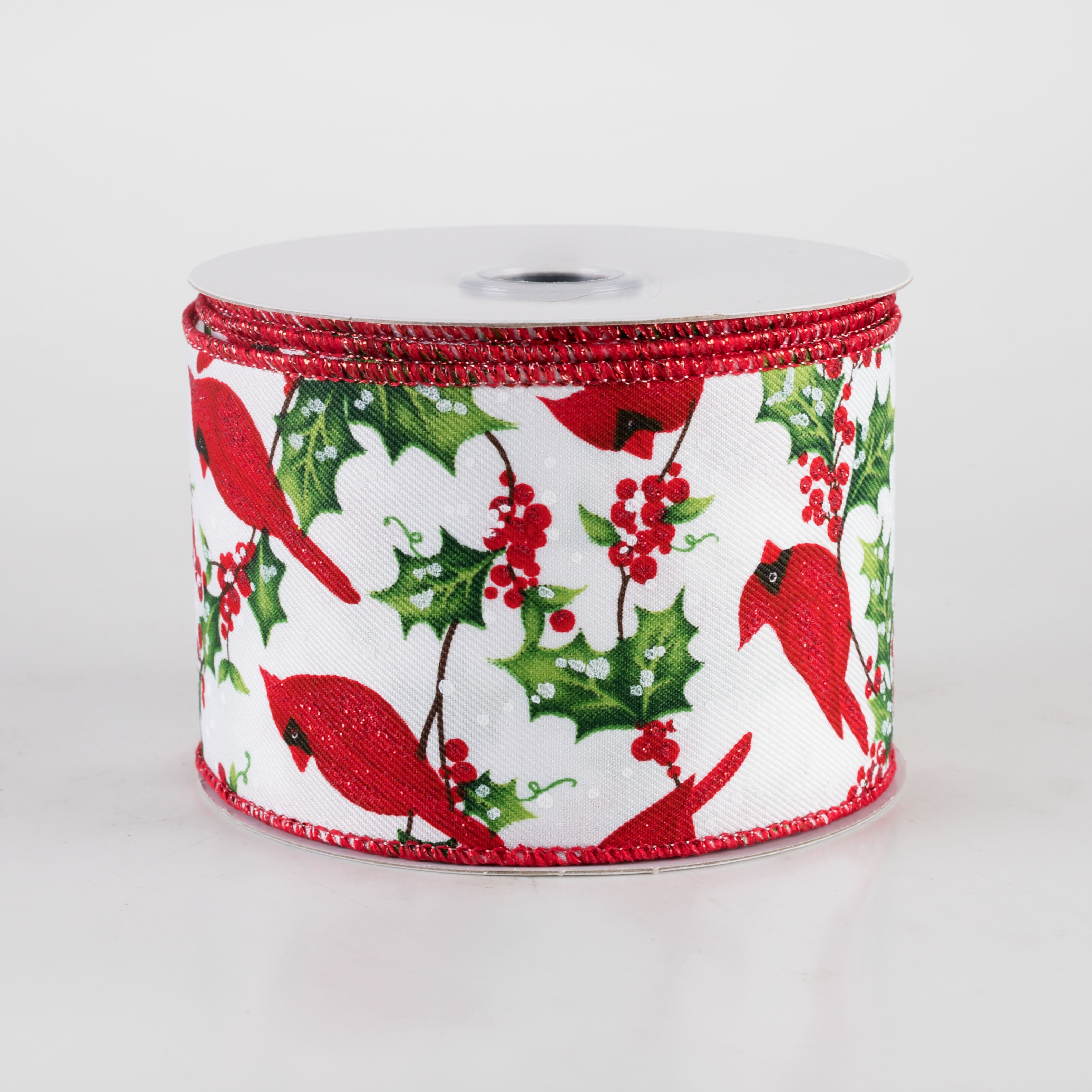 2.5" Cardinal, Holly & Berries Ribbon: White (10 Yards)
