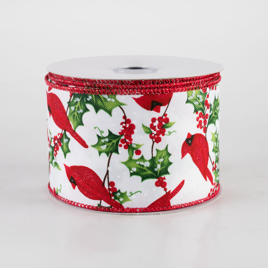 2.5" Cardinal, Holly & Berries Ribbon: White (10 Yards)