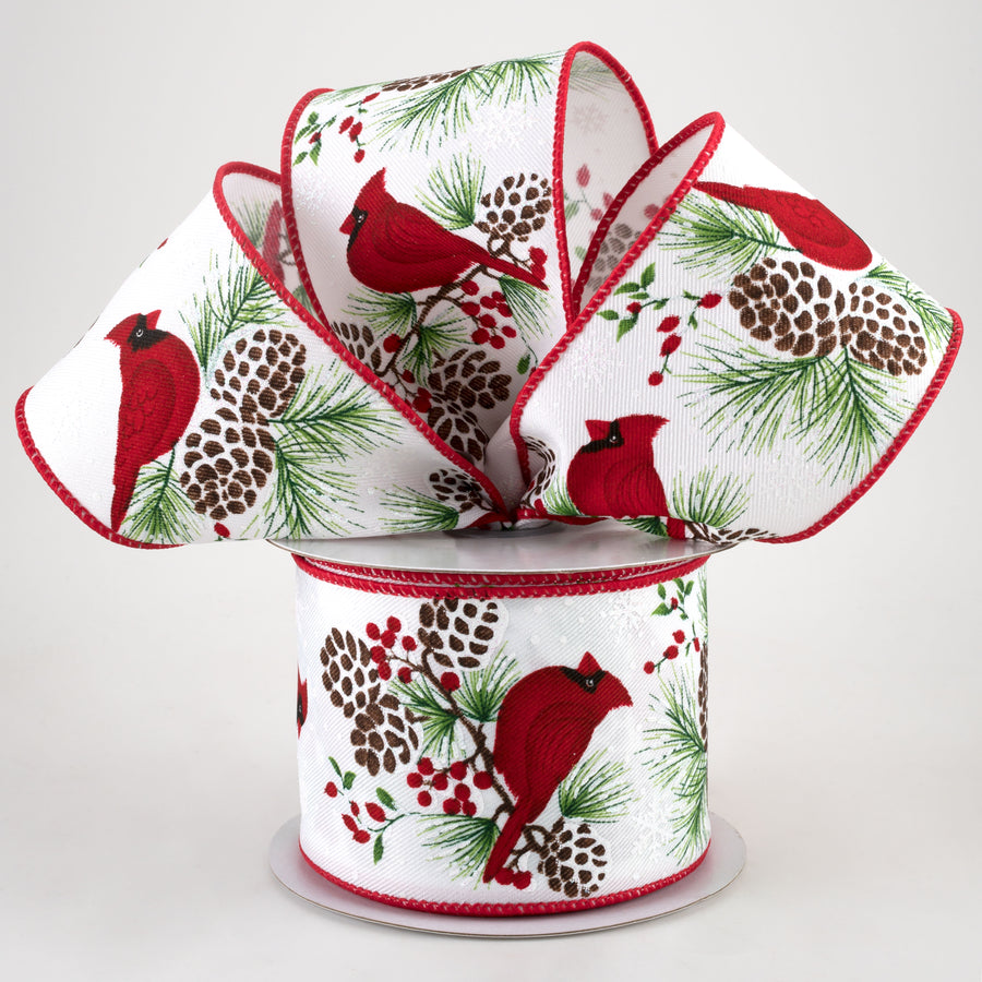 2.5" Cardinal On Pinecone Branch Ribbon: White (10 Yards) Lifestyle Photo