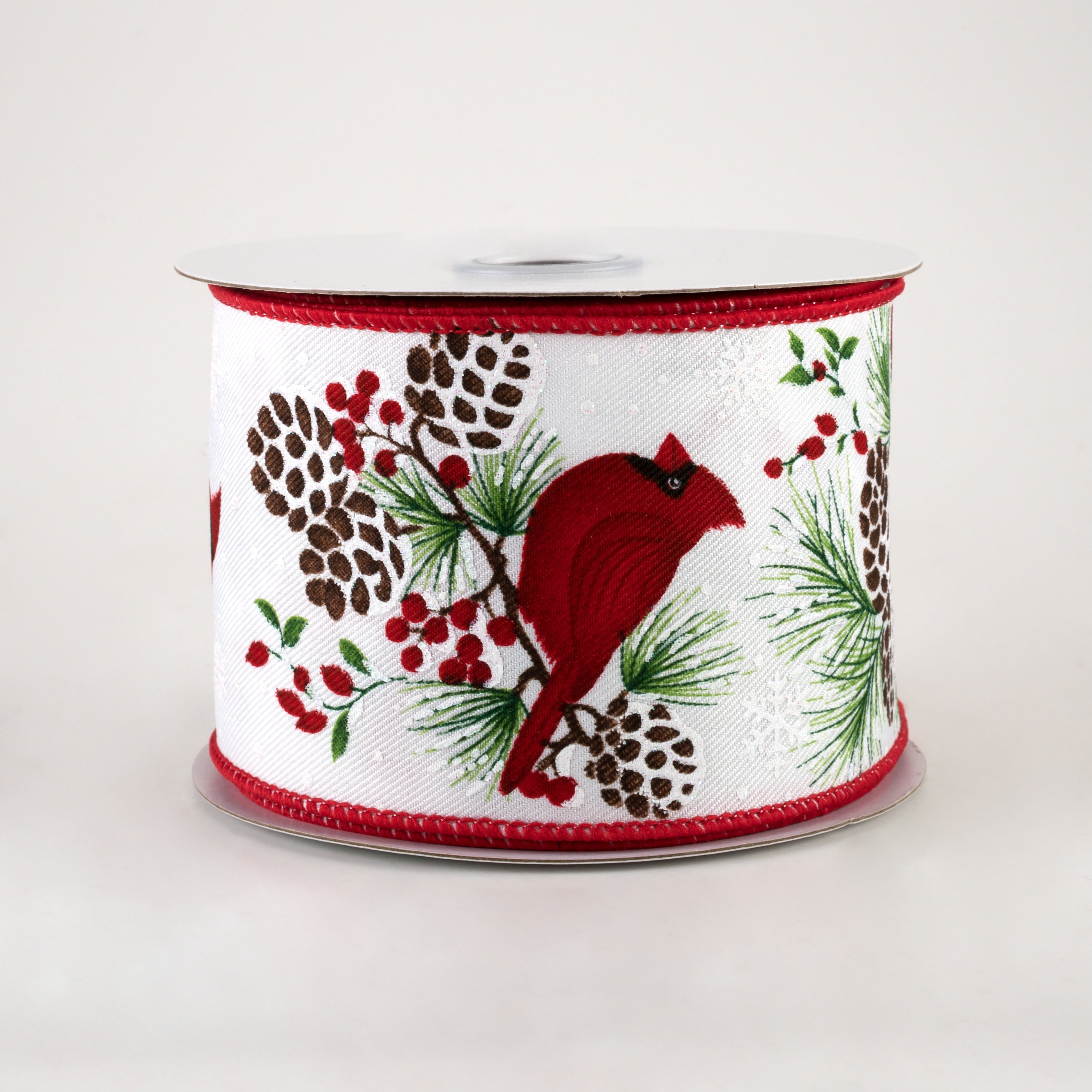 2.5" Cardinal On Pinecone Branch Ribbon: White (10 Yards)