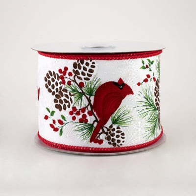 2.5" Cardinal On Pinecone Branch Ribbon: White (10 Yards)