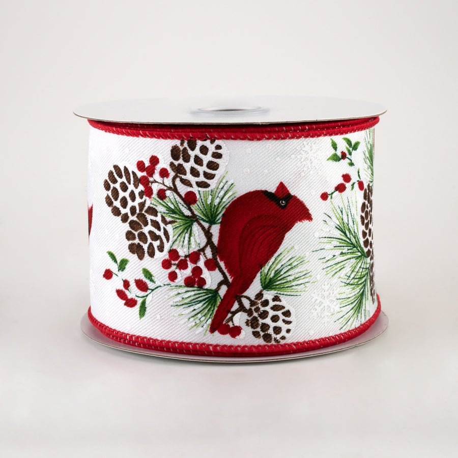 2.5" Cardinal On Pinecone Branch Ribbon: White (10 Yards)