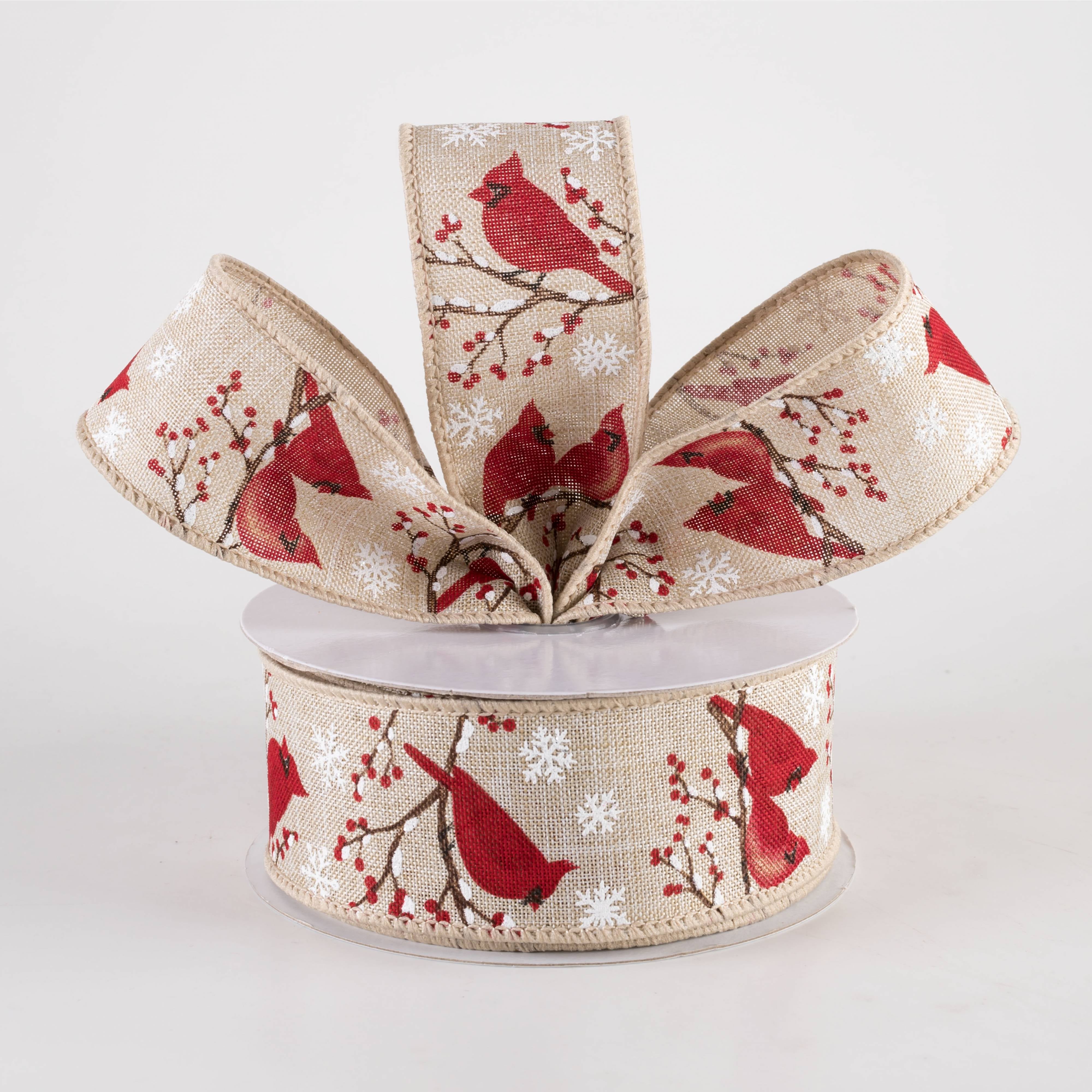 1.5" Cardinal, Snowflake & Berries Ribbon: Natural (10 Yards) Lifestyle Photo