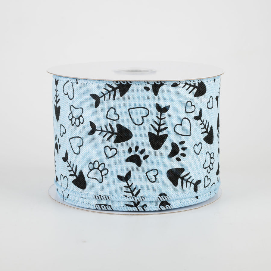 2.5" Cat Treat, Paw, Heart Ribbon: Light Blue (10 Yards)