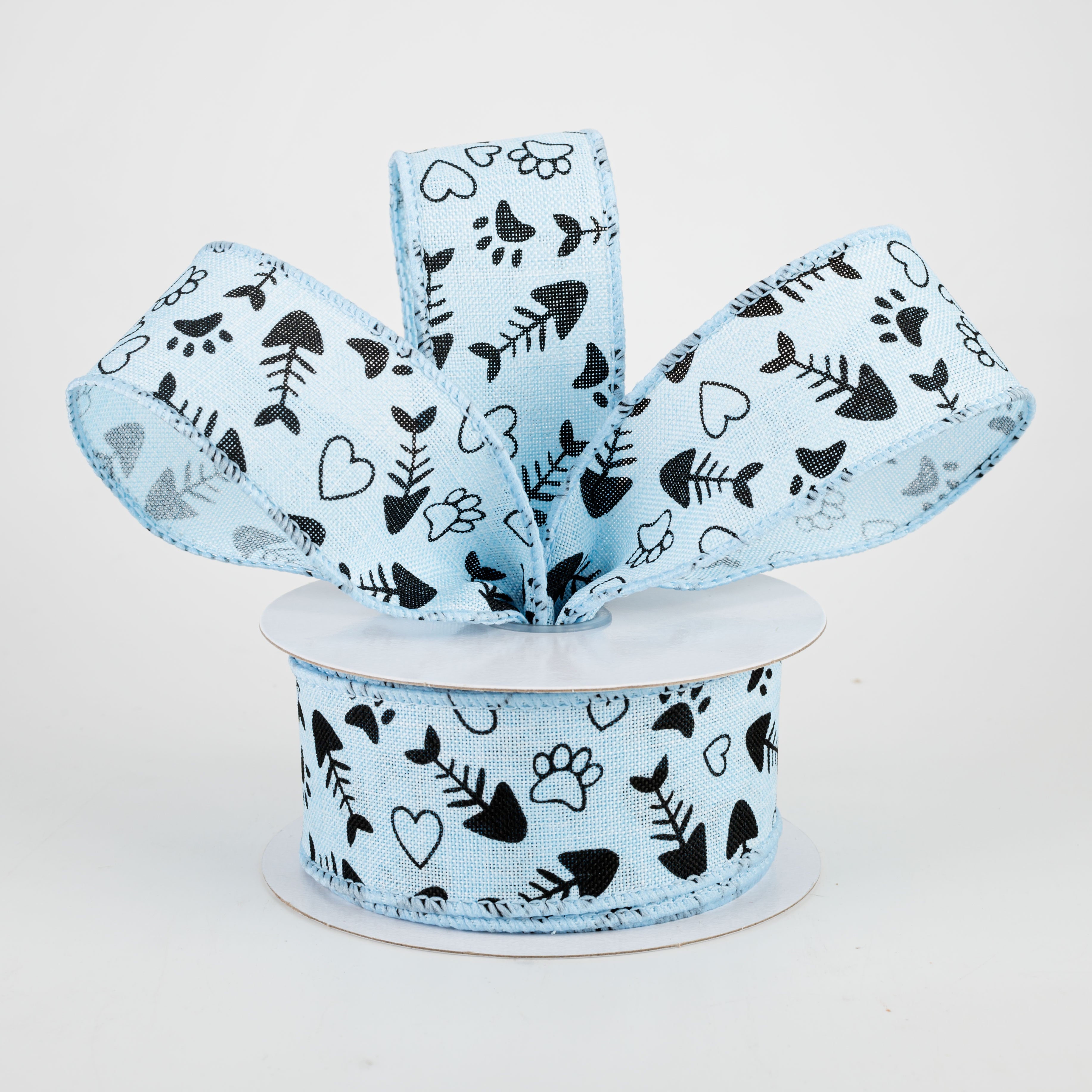 1.5" Cat Treat, Paw, Heart Ribbon: Light Blue (10 Yards) Lifestyle Photo