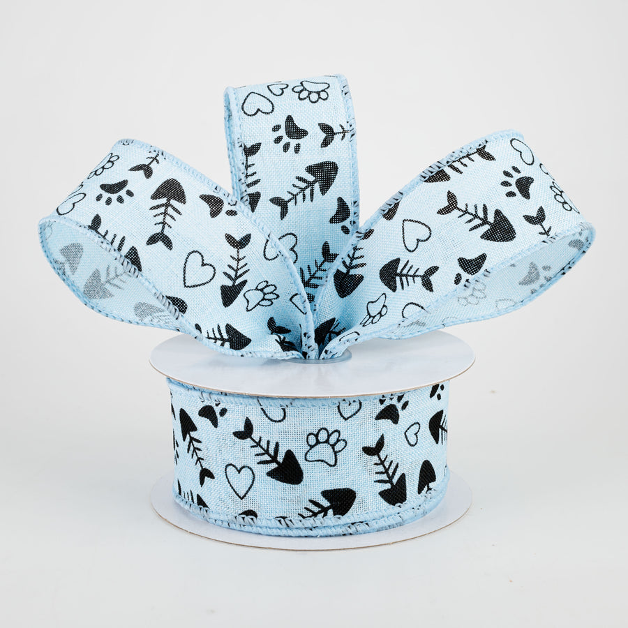 1.5" Cat Treat, Paw, Heart Ribbon: Light Blue (10 Yards) Lifestyle Photo