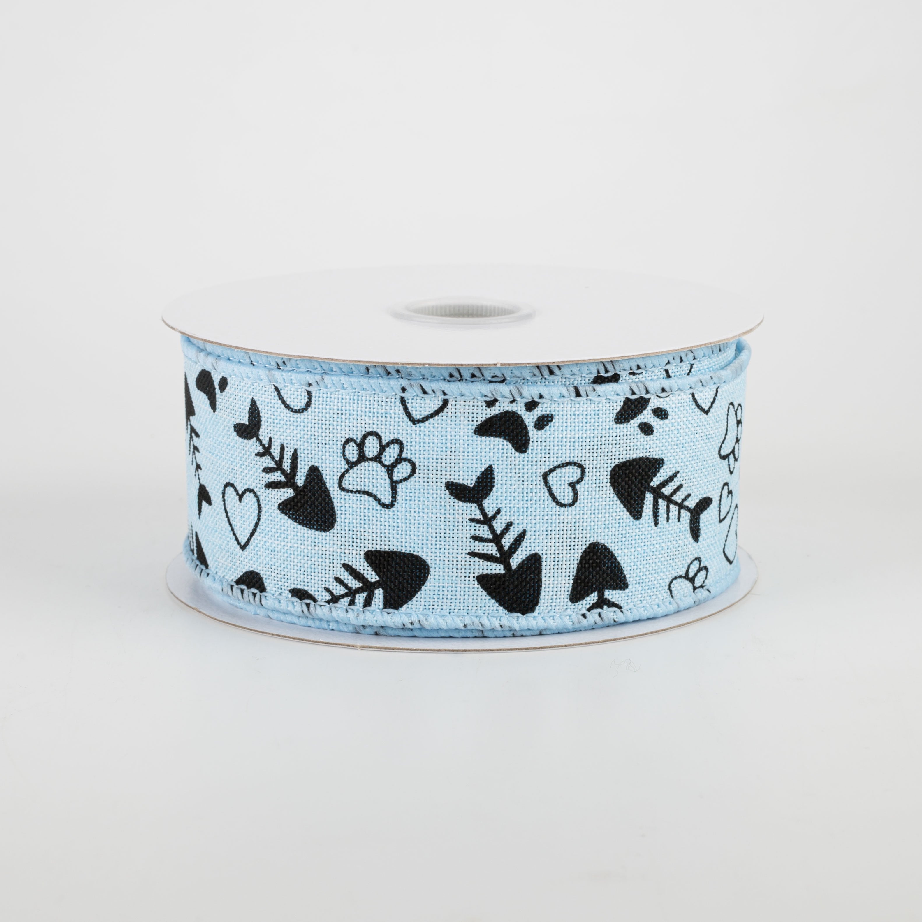 1.5" Cat Treat, Paw, Heart Ribbon: Light Blue (10 Yards)