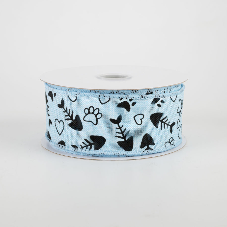 1.5" Cat Treat, Paw, Heart Ribbon: Light Blue (10 Yards)