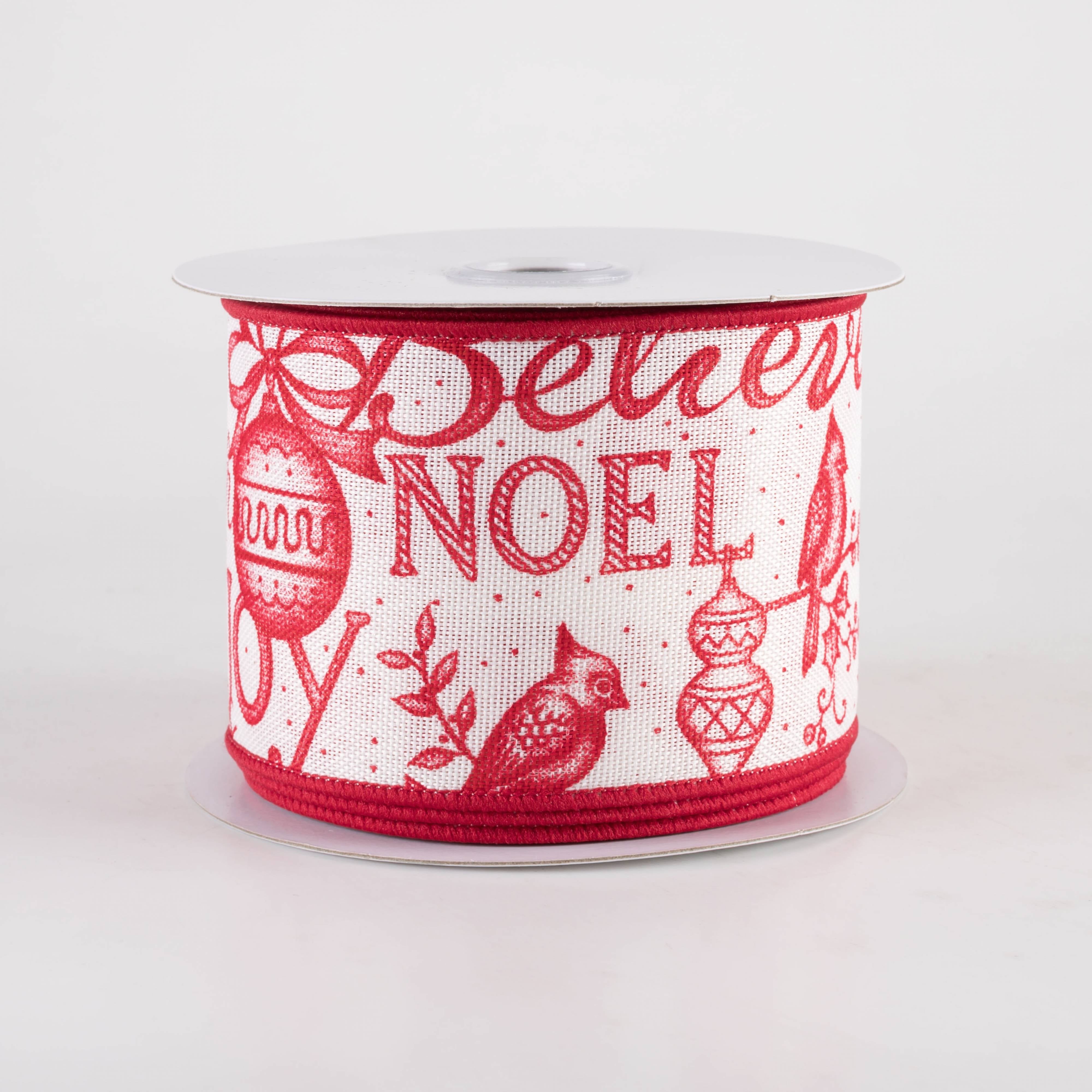 2.5" Christmas Words & Icons Ribbon: Ivory & Red (10 Yards)