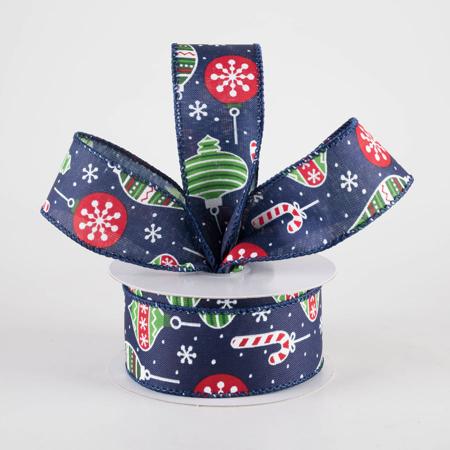1.5" Hanging Christmas Ornaments Ribbon: Red & Green on Navy (10 Yards)