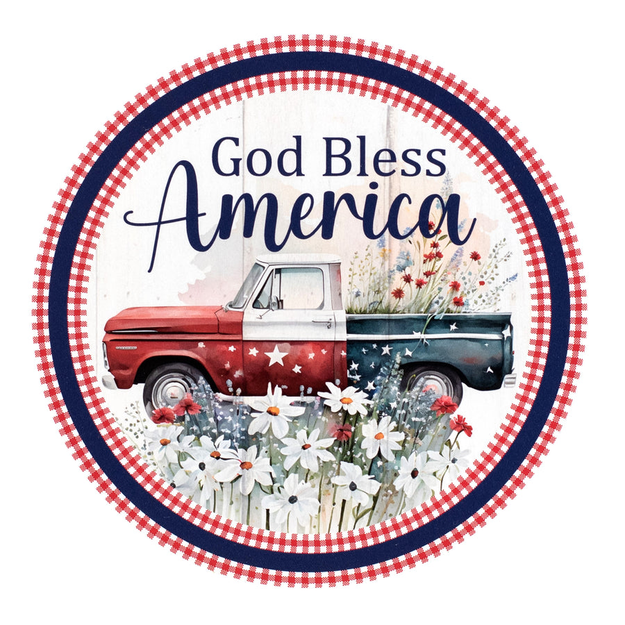 9.4" Round Waterproof Sign: God Bless America Old Truck