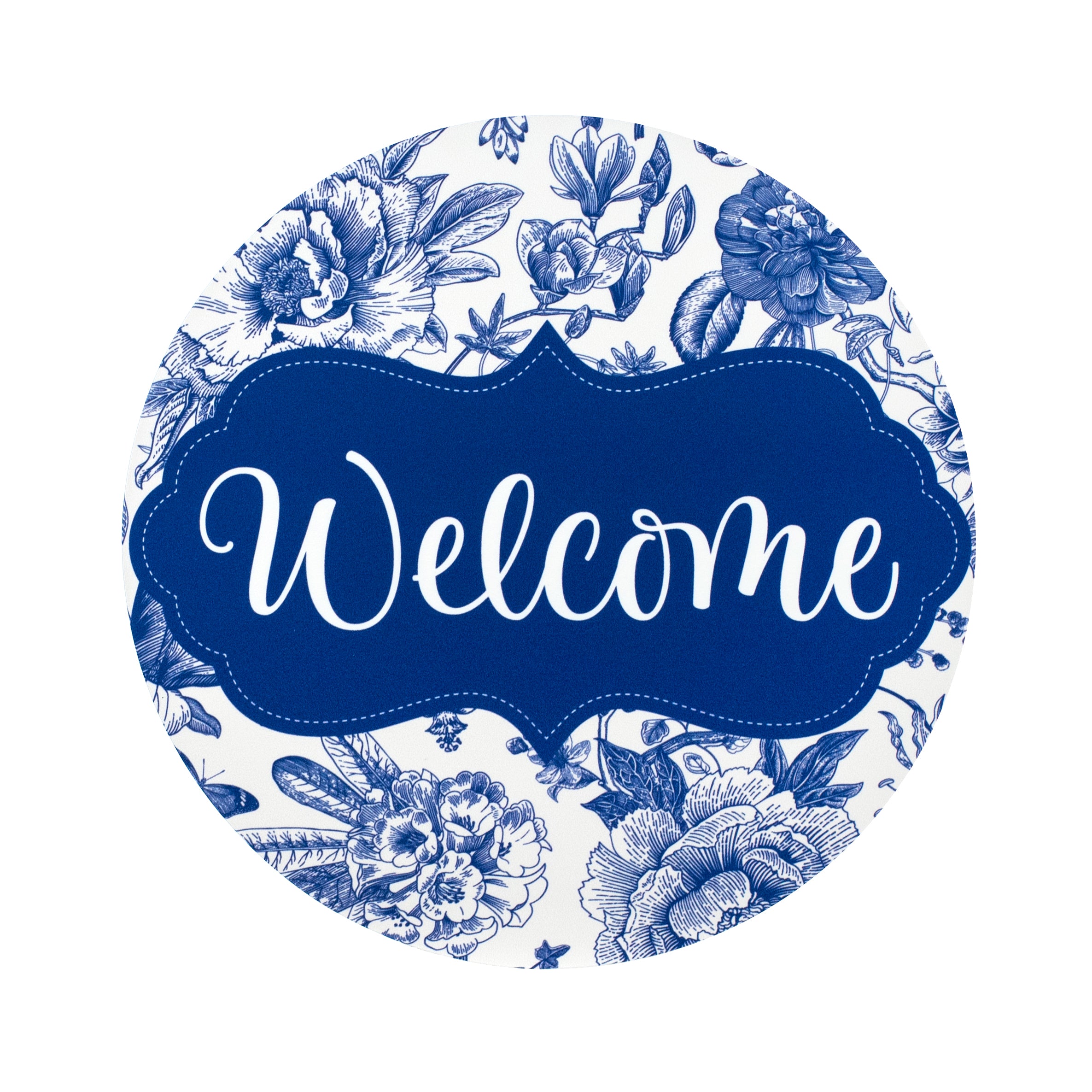 8.5" Round Waterproof Sign: Scalloped Welcome Blue Floral Chinoiserie