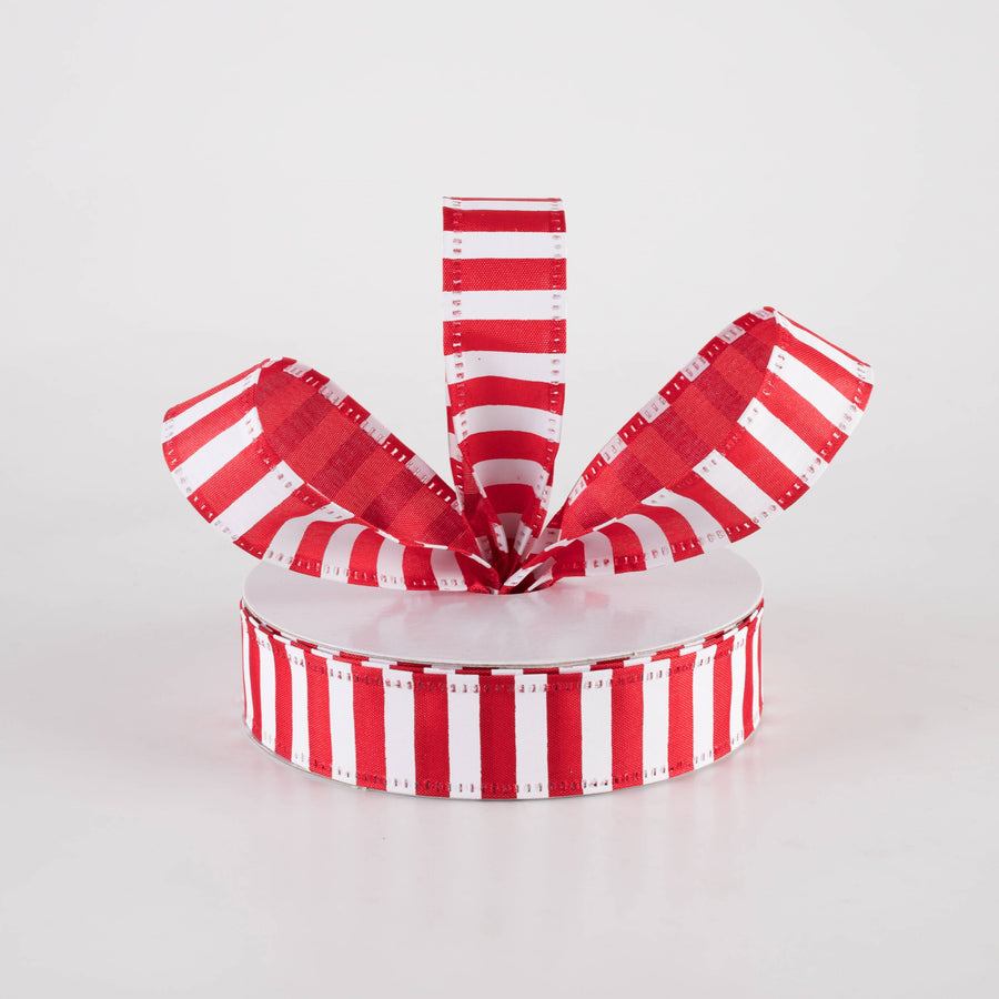 7/8" Stripes Ribbon: White on Red (10 Yards)