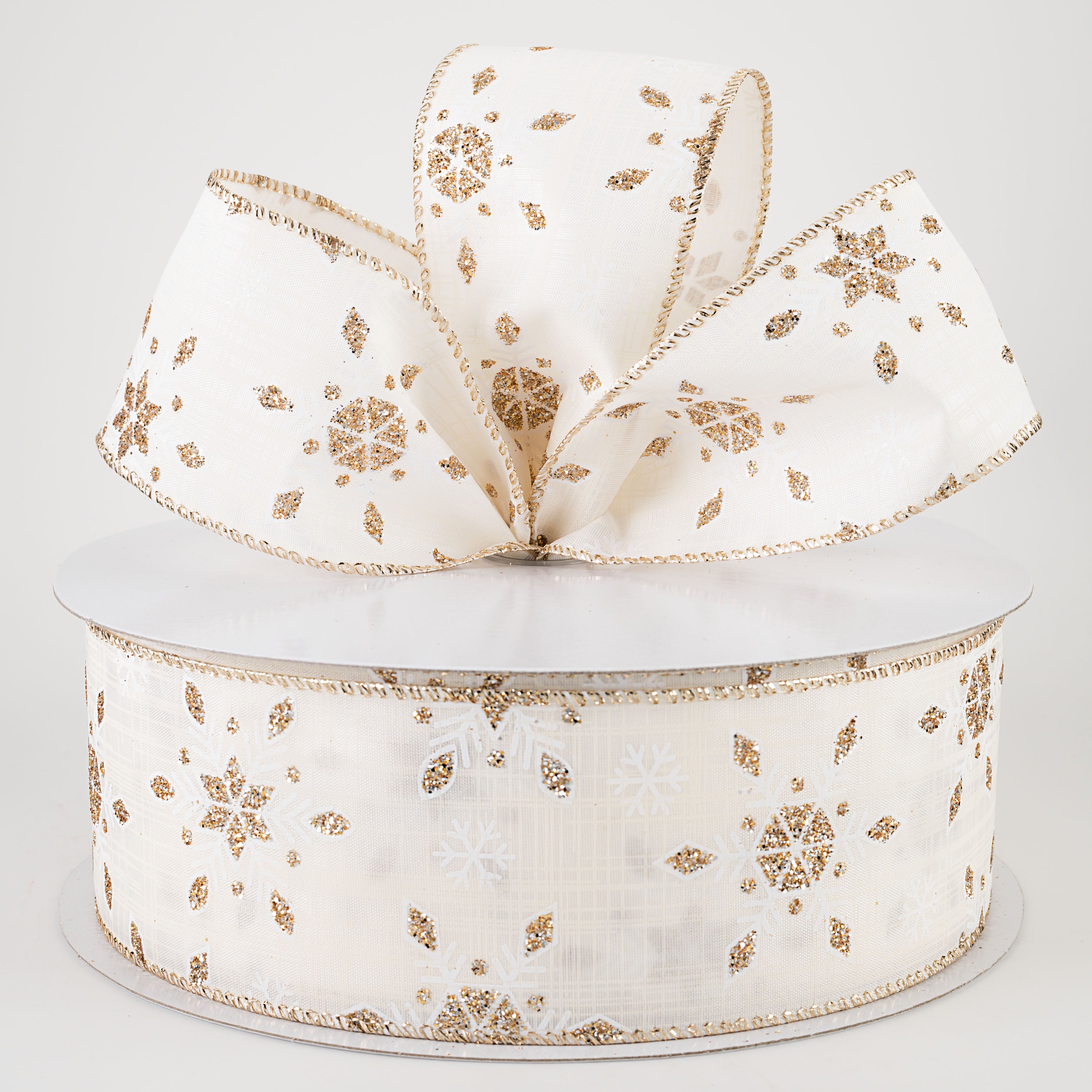 2.5" Champagne Snowflake Satin Ribbon: Ivory (50 Yards) Lifestyle Photo