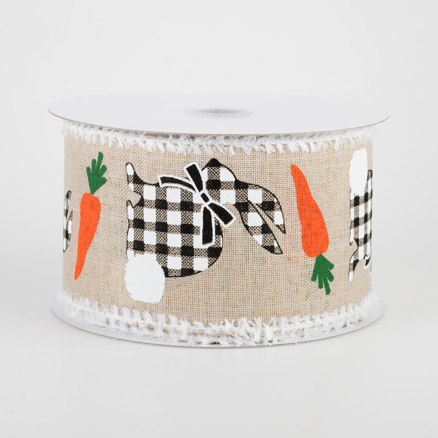 2.5" Check Bunnies With Carrots Fuzzy Edge Ribbon: Light Natural (10 Yards)